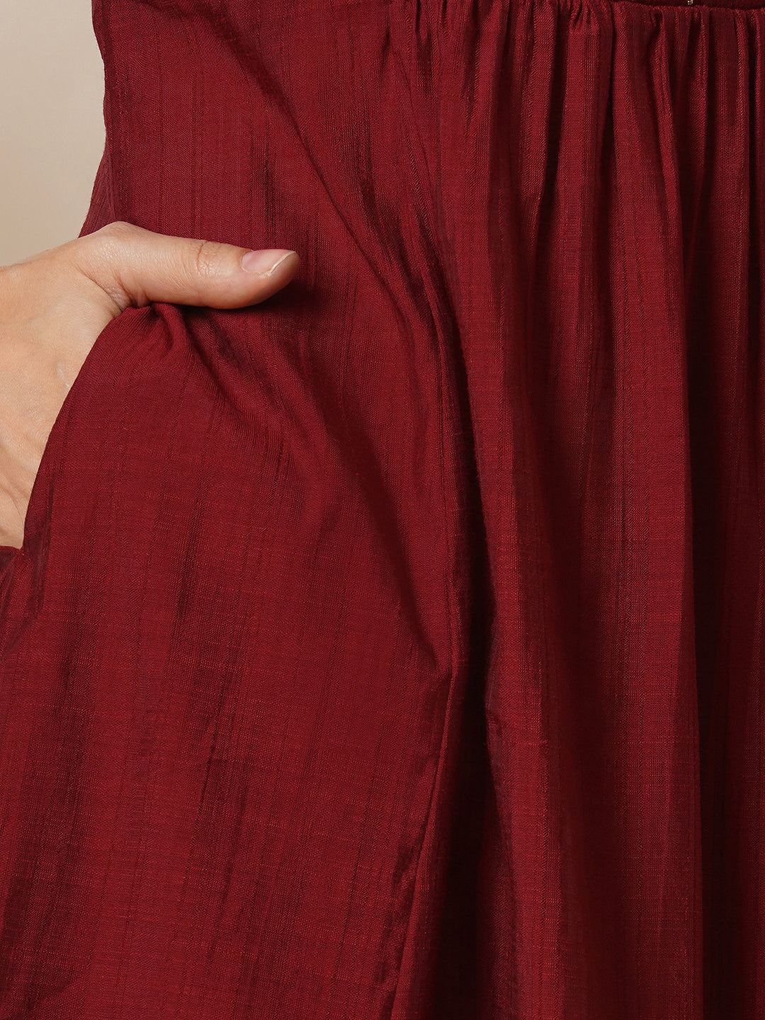 Party Edit- A-line gathered silk blend kurta with zari embroidery and a side pocket