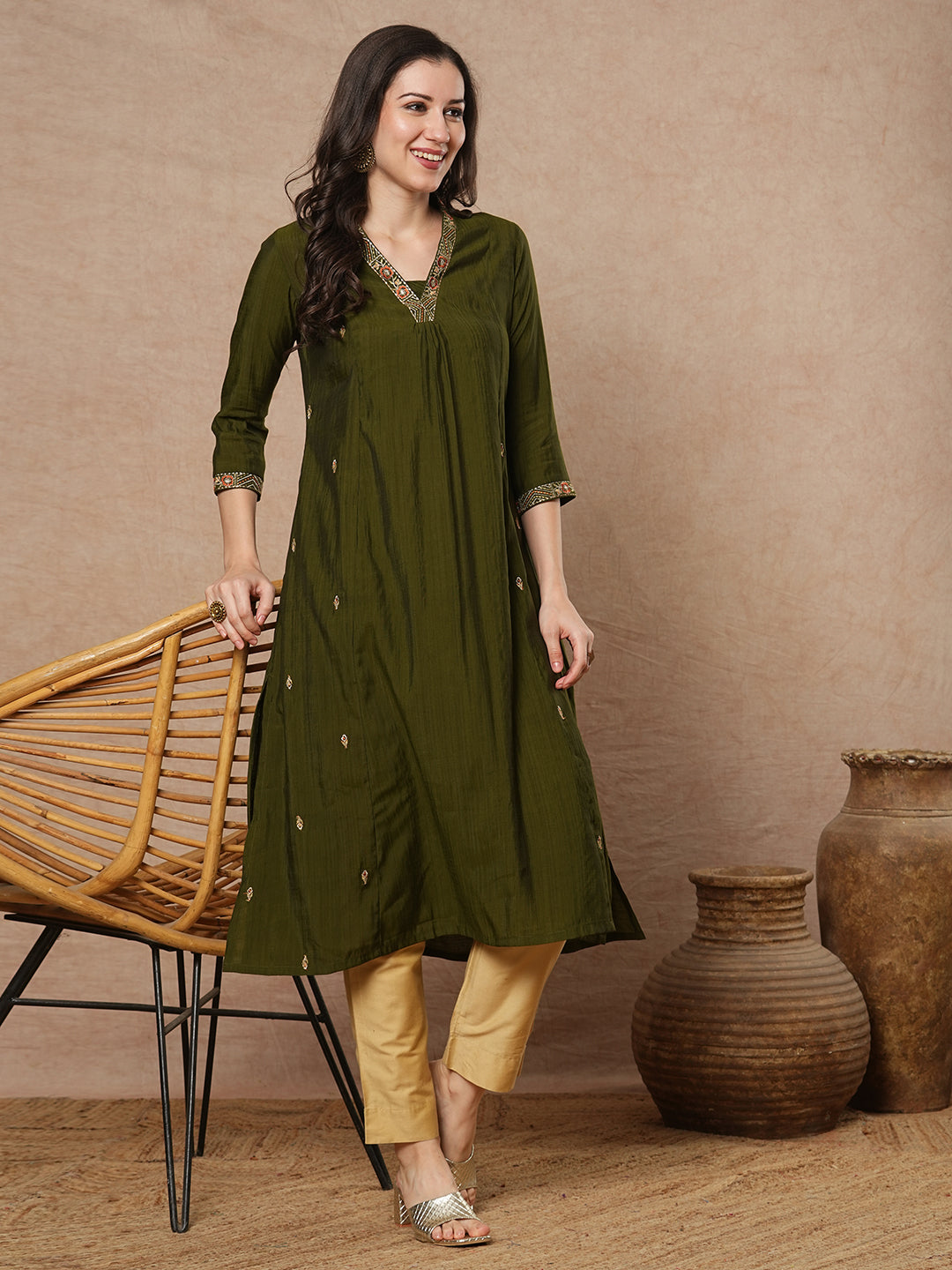 Party Edit- Pocketed a line kurta with embroidery and gathering detailing