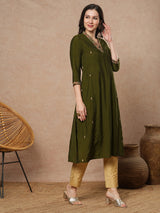 Party Edit- Pocketed a line kurta with embroidery and gathering detailing