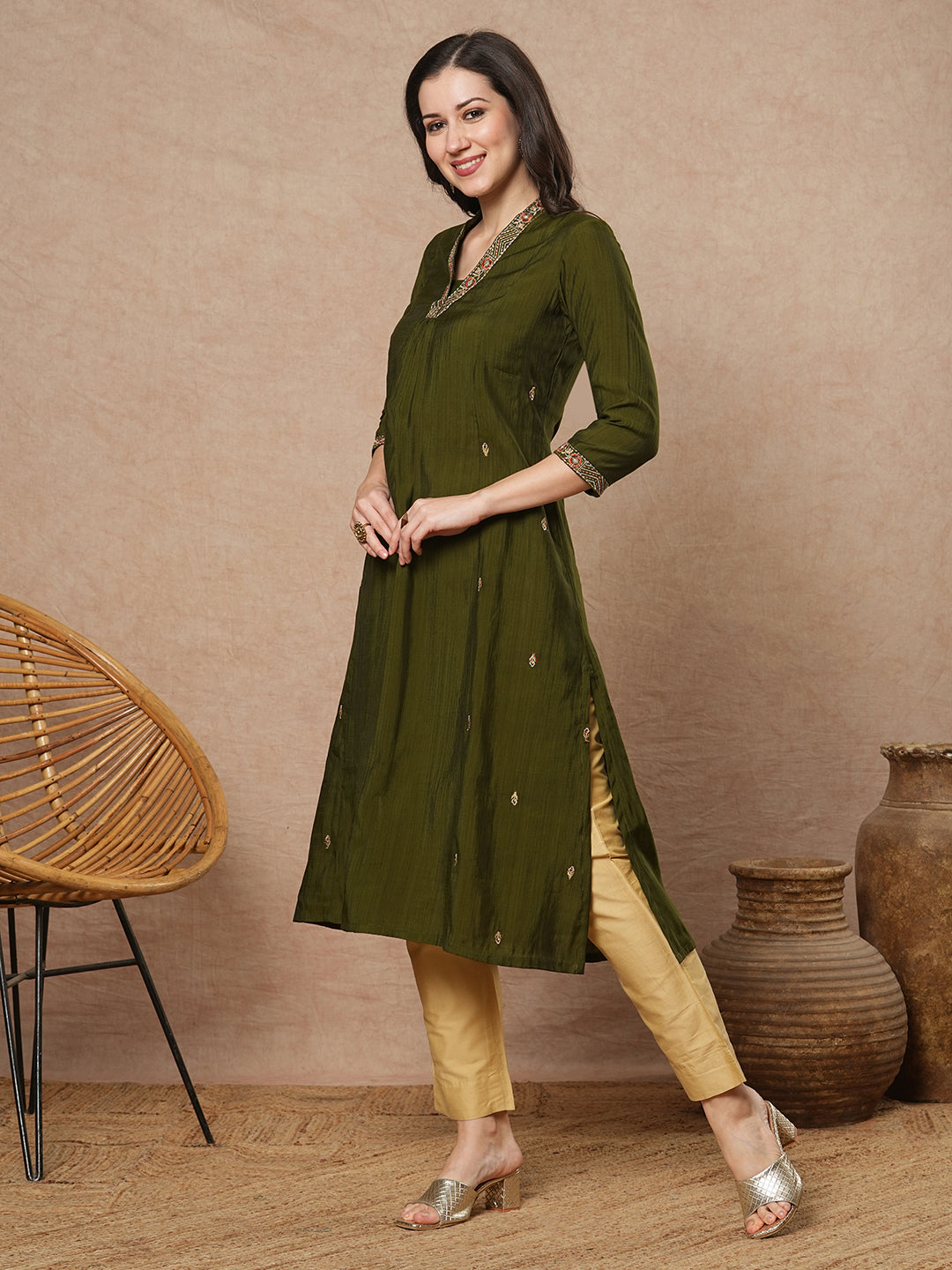 Party Edit- Pocketed a line kurta with embroidery and gathering detailing
