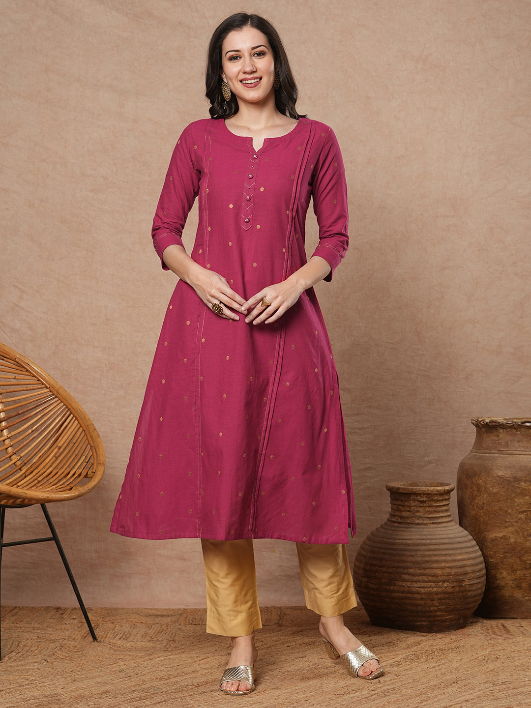 Pocketed A line kurta in woven cotton fabric with hand embroidery