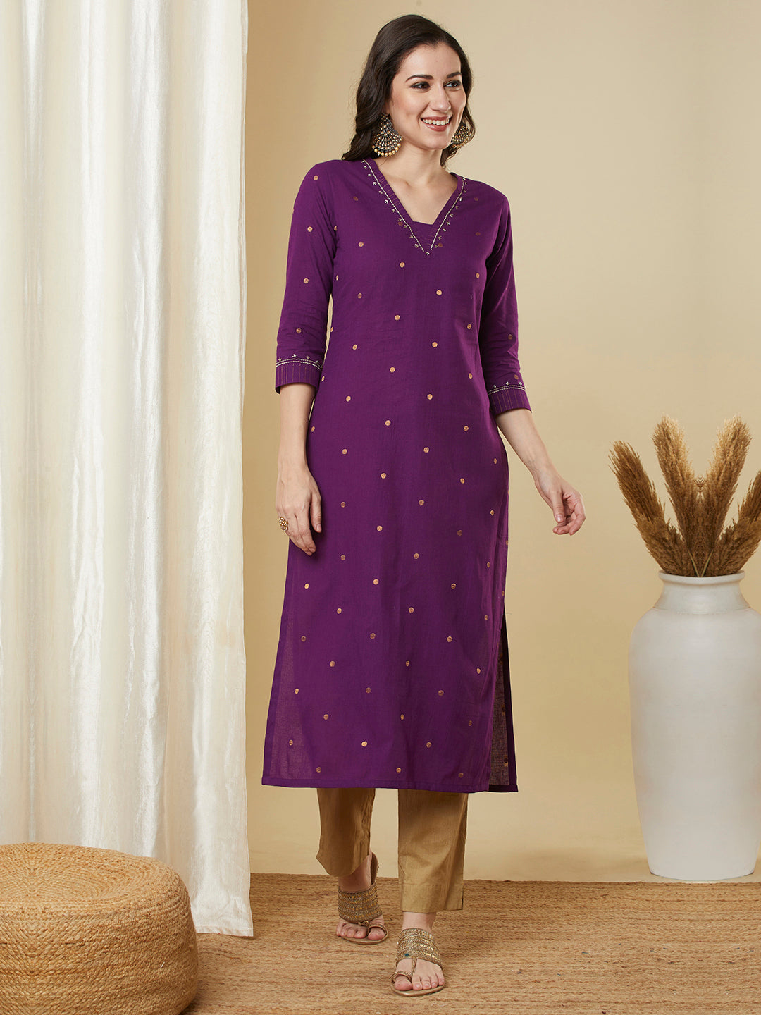 Straight fit cotton kurta in woven zari fabric with zari embroidery and handwork