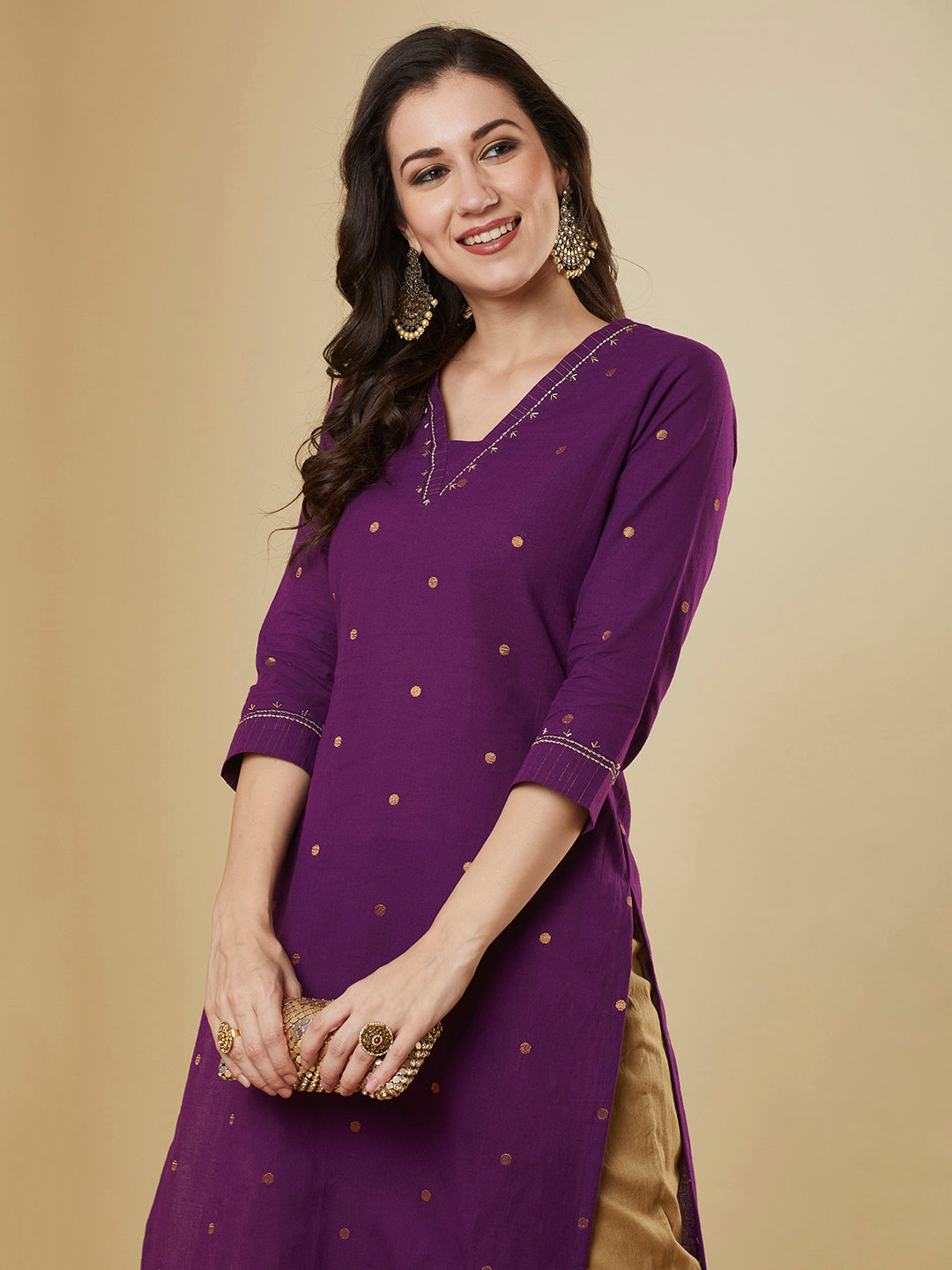 Straight fit cotton kurta in woven zari fabric with zari embroidery and handwork