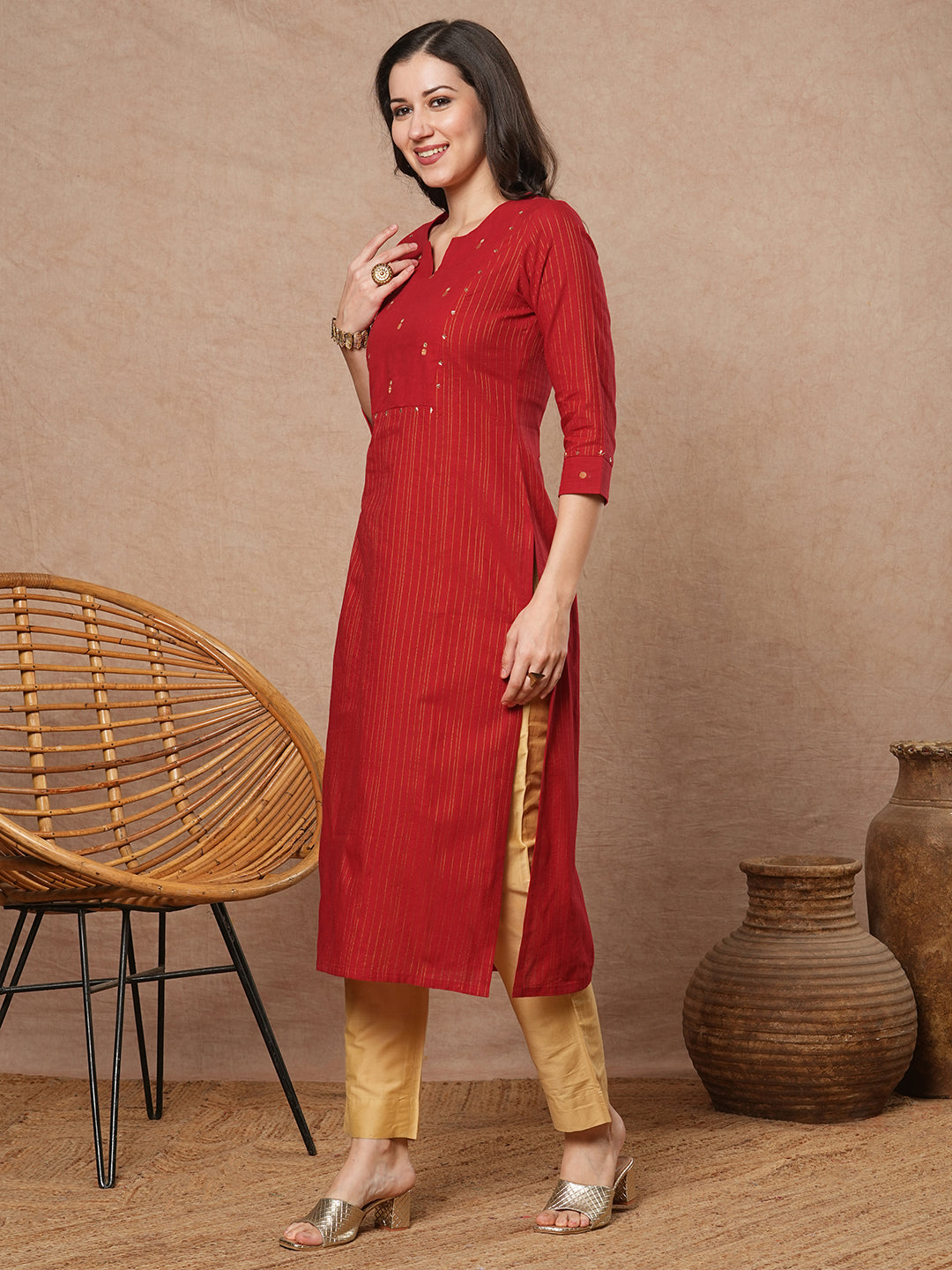 Straight fit cotton kurta in woven zari fabric with hand embroidery detailing