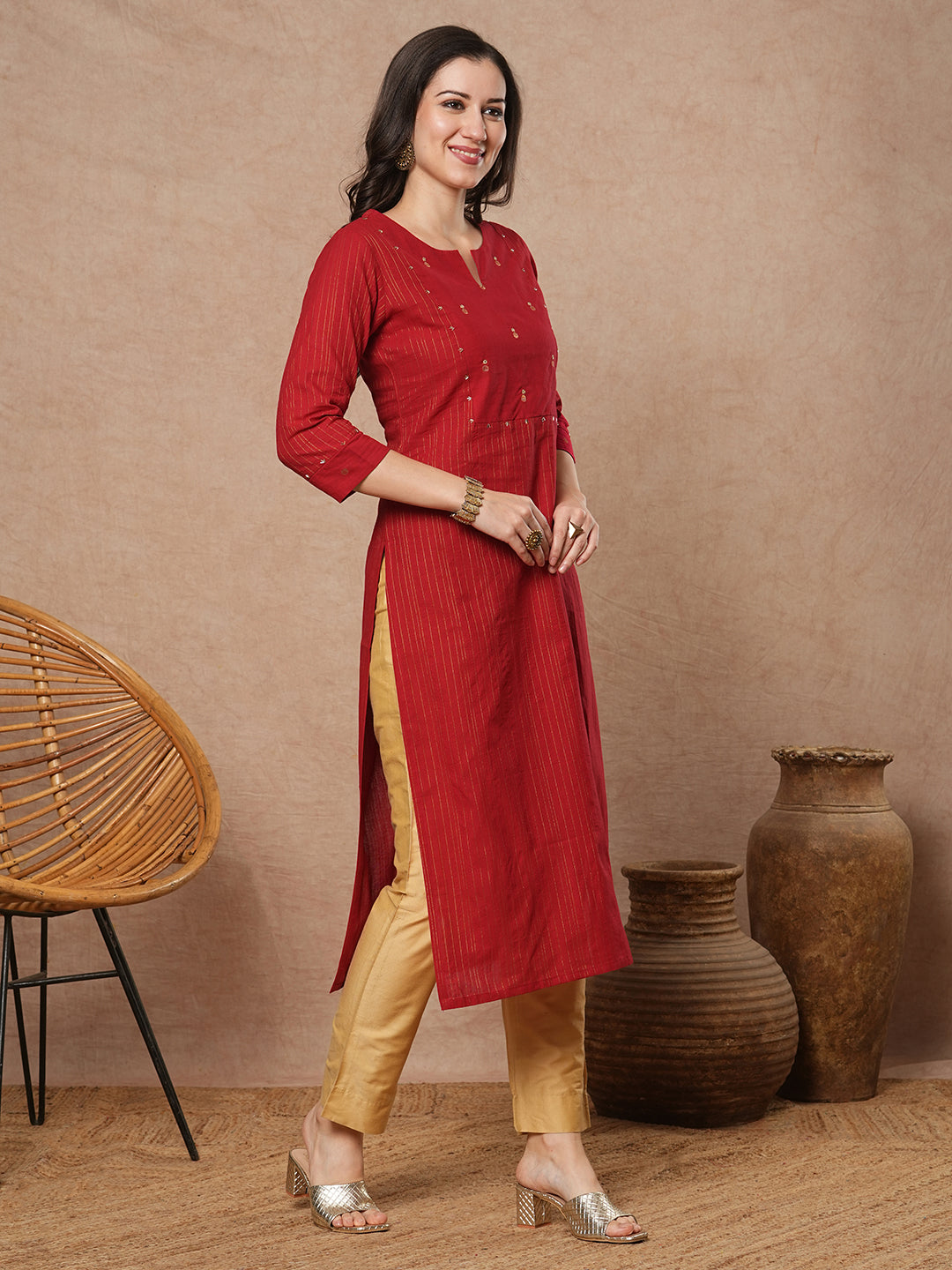 Straight fit cotton kurta in woven zari fabric with hand embroidery detailing