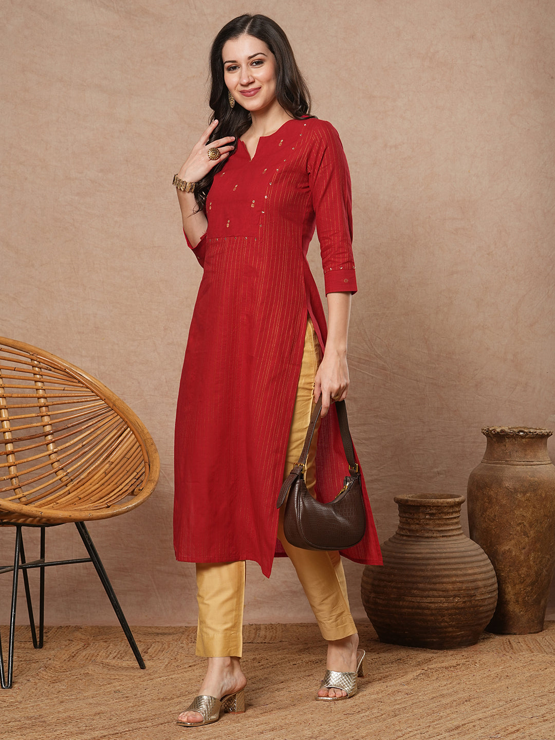 Straight fit cotton kurta in woven zari fabric with hand embroidery detailing