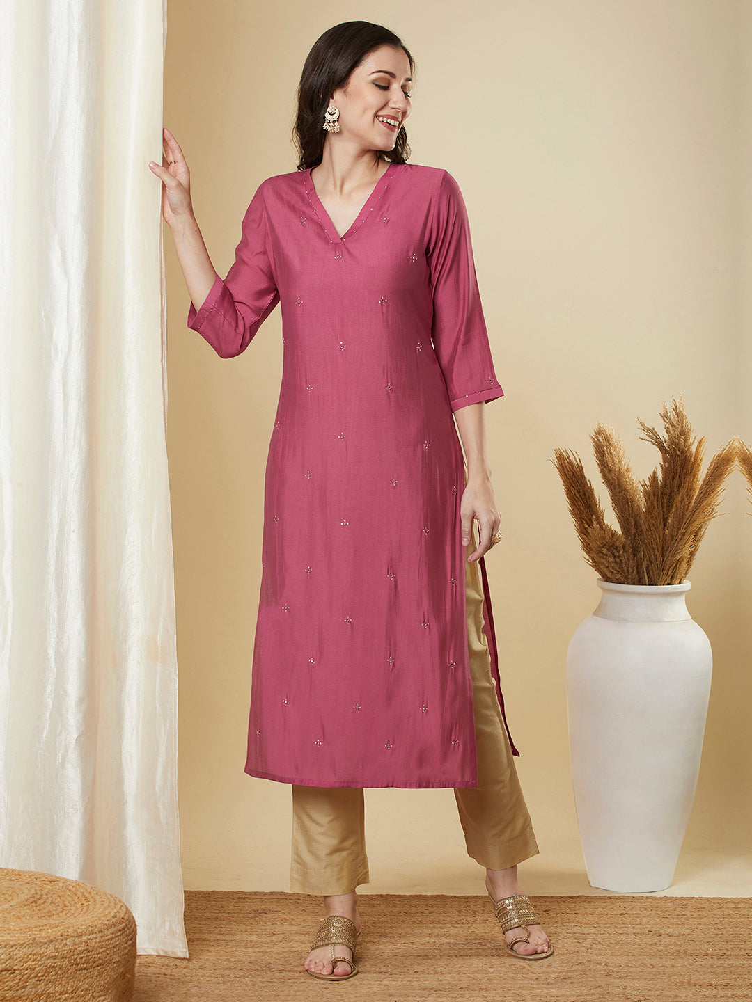 Party Edit- Straight Silk Blend Kurta with Intricate Mirror Work and Sequin Highlights