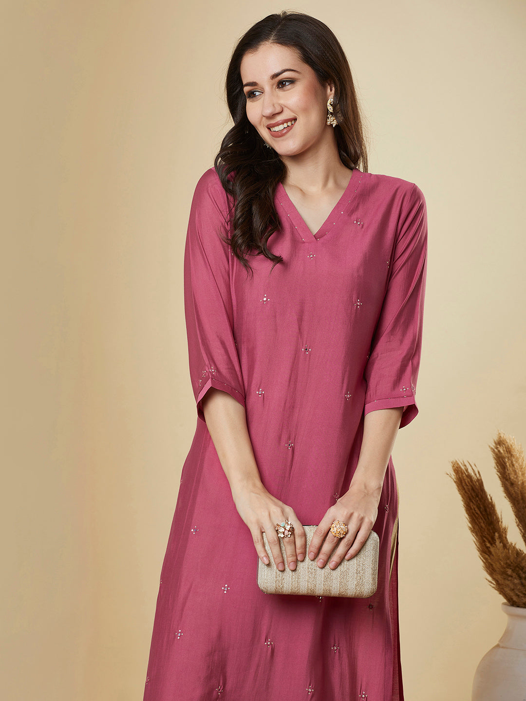 Party Edit- Straight Silk Blend Kurta with Intricate Mirror Work and Sequin Highlights