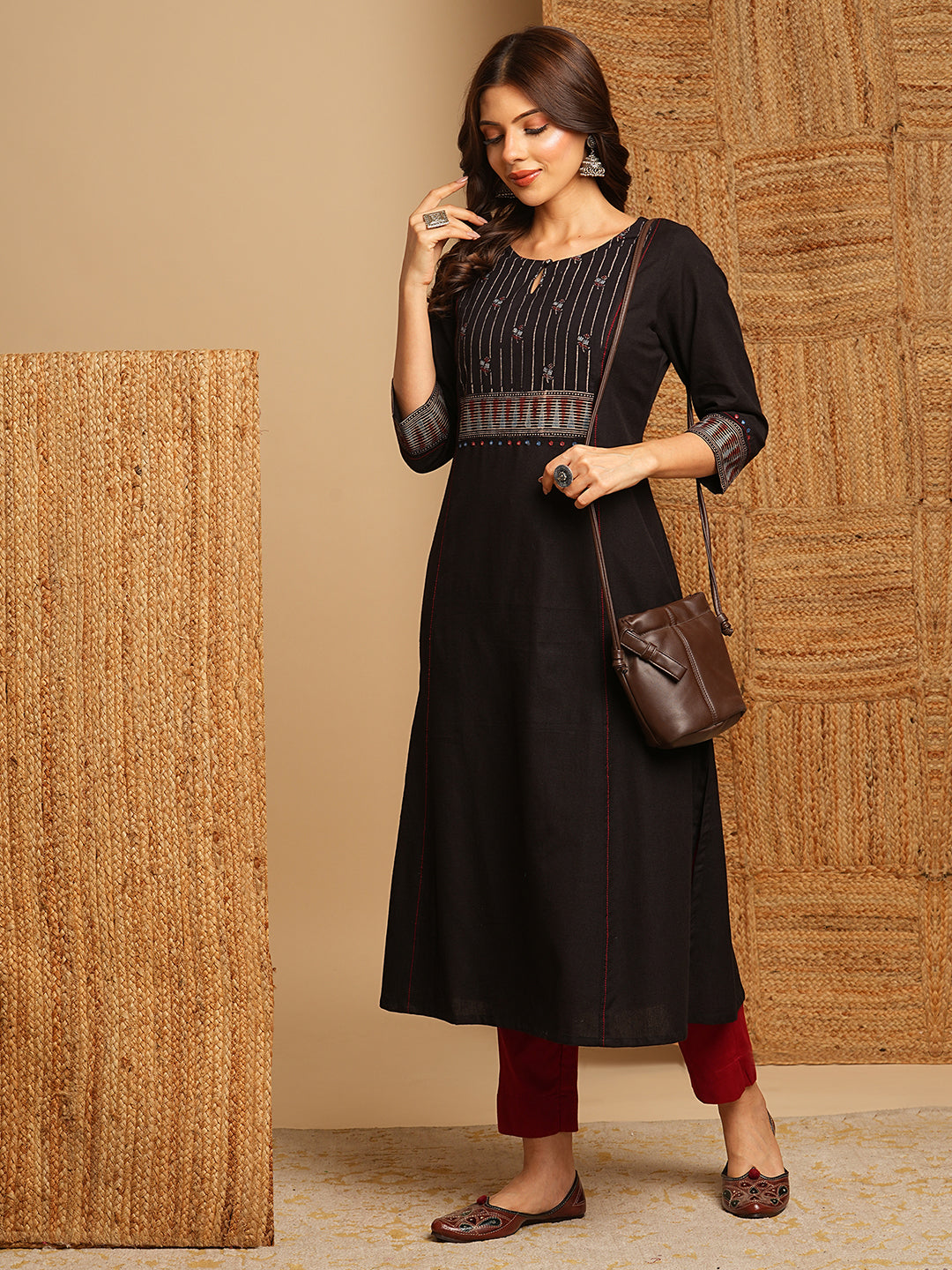 A-Line flared kurta with the hand block printed yoke