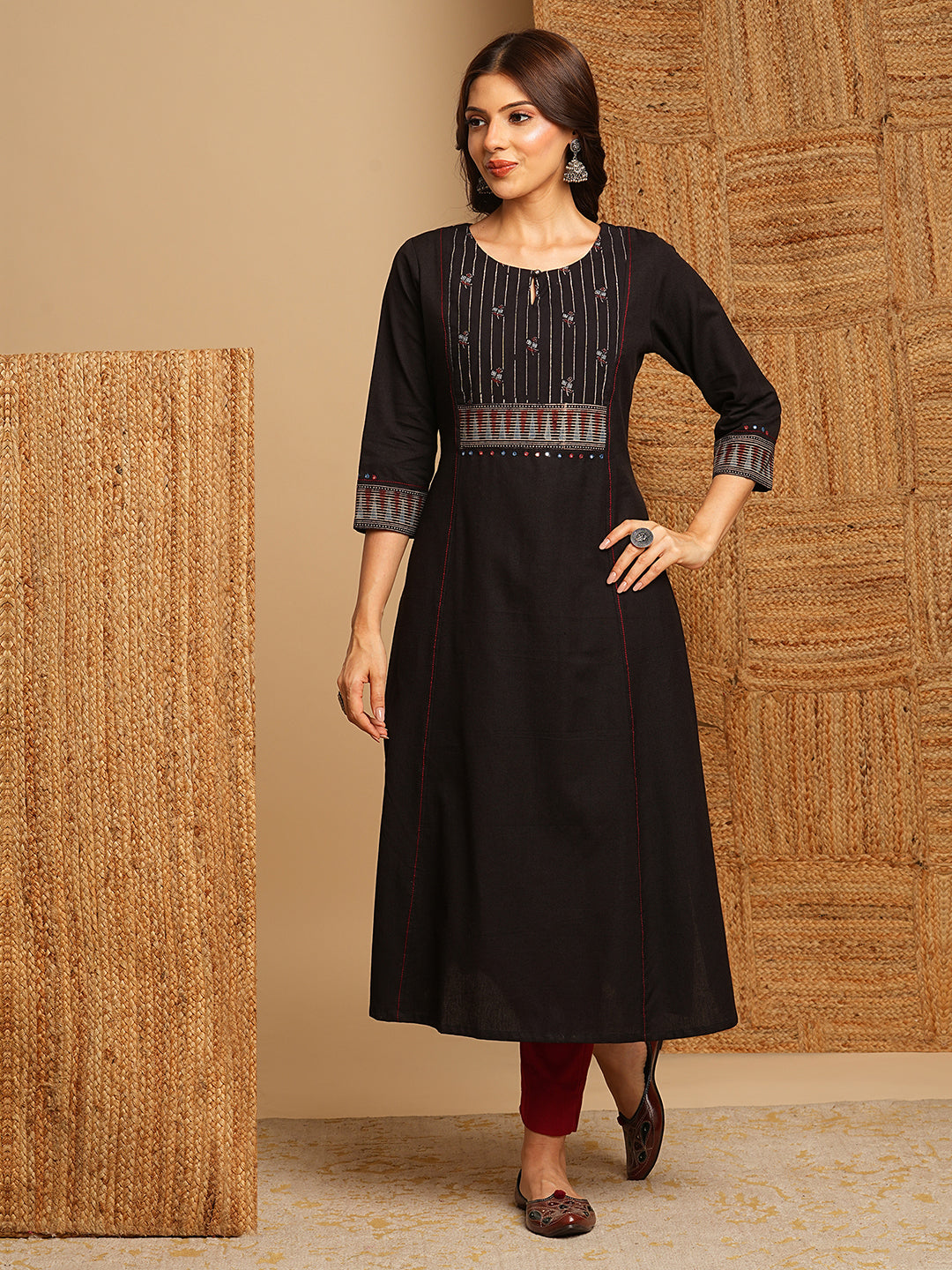 A-Line flared kurta with the hand block printed yoke