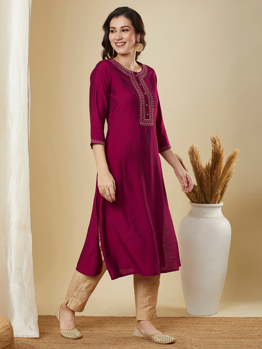Party Edit- Flared pink avani silk kurta with heavy embroidery on neck around the placket