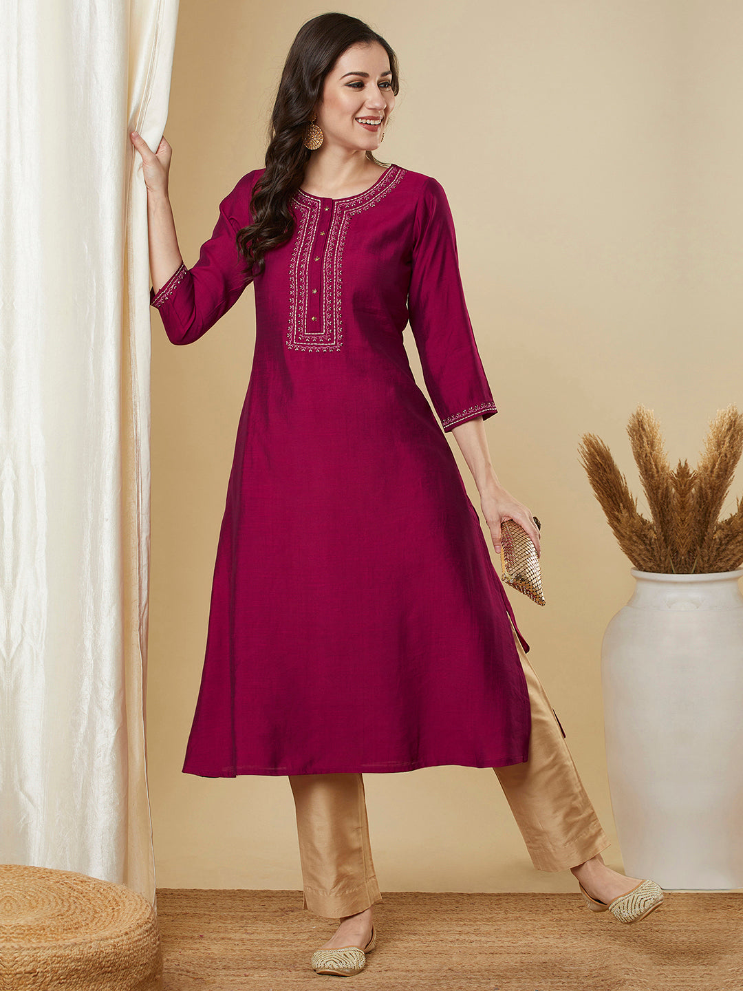 Party Edit- Flared pink avani silk kurta with heavy embroidery on neck around the placket