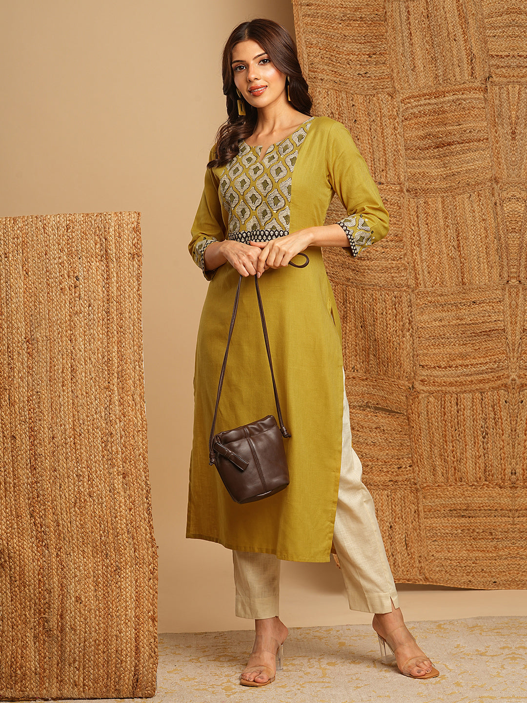 Stylish Mustard Cotton Straight Kurta Featuring Block Printed Yoke and Mirror Detailing