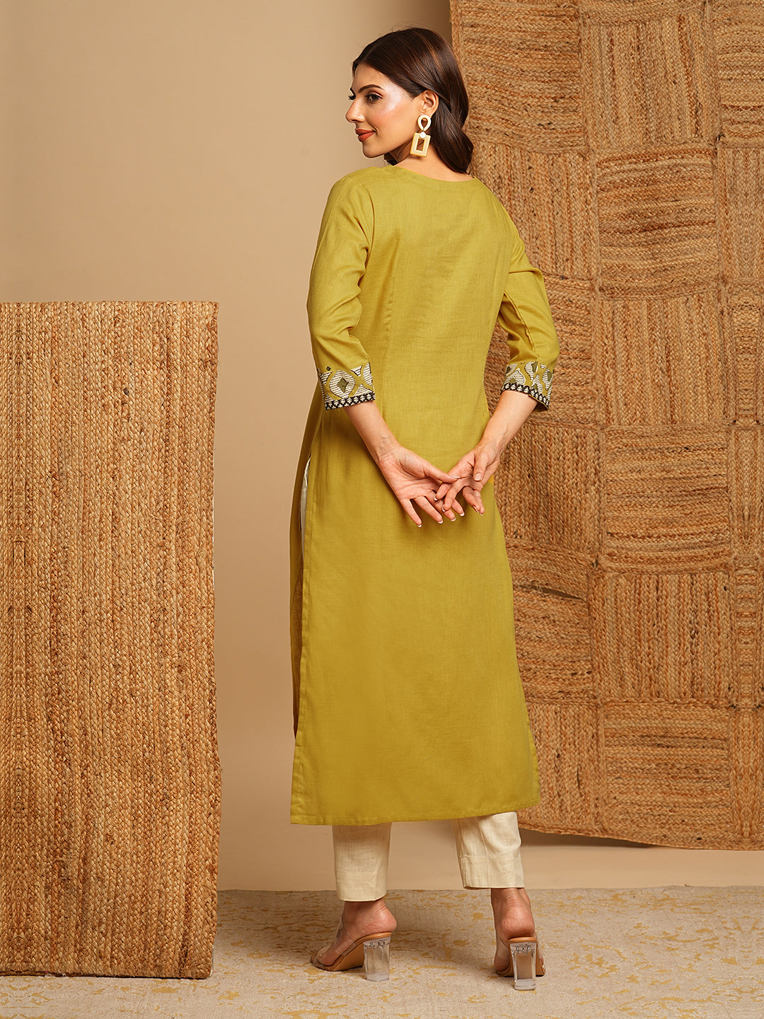 Stylish Mustard Cotton Straight Kurta Featuring Block Printed Yoke and Mirror Detailing
