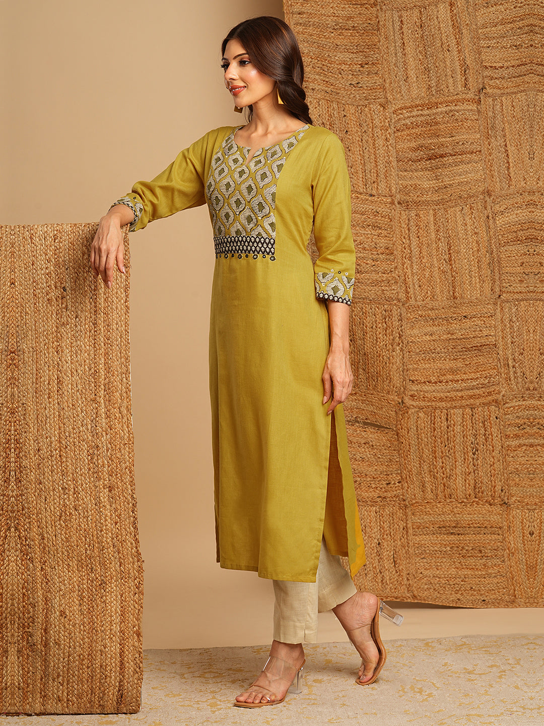 Stylish Mustard Cotton Straight Kurta Featuring Block Printed Yoke and Mirror Detailing