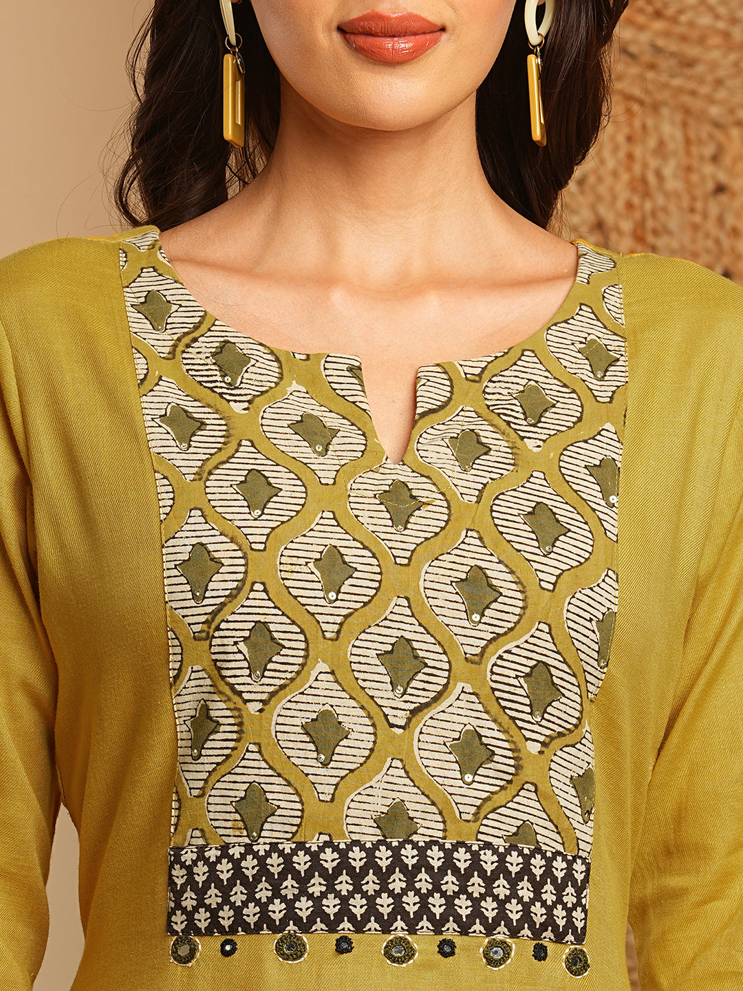 Stylish Mustard Cotton Straight Kurta Featuring Block Printed Yoke and Mirror Detailing
