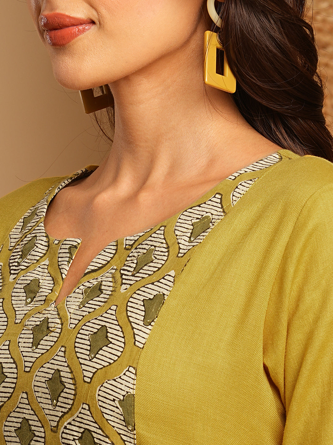 Stylish Mustard Cotton Straight Kurta Featuring Block Printed Yoke and Mirror Detailing