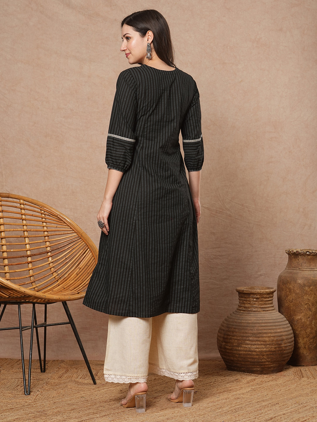 A-line shoulder princess kurta with under-bust gathers with contrast fabric trims and handwork