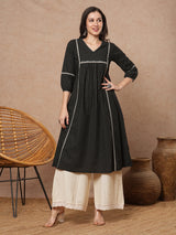 A-line shoulder princess kurta with under-bust gathers with contrast fabric trims and handwork