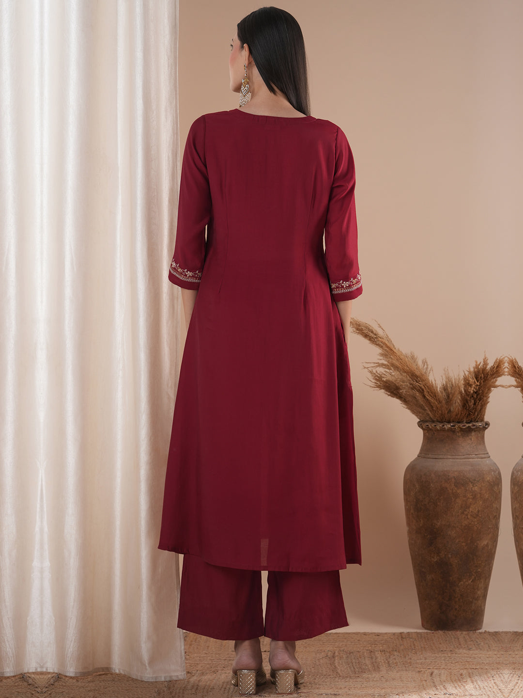 Party Edit- Embroidered A line kurta in silk blend fabric paired with lined palazzos