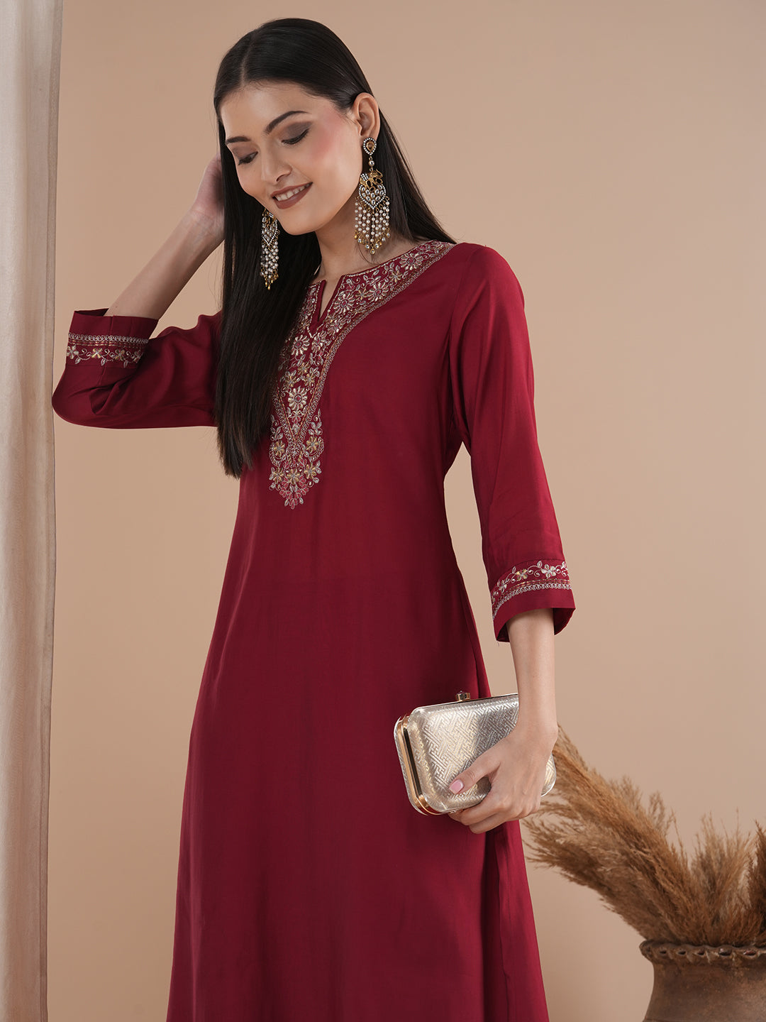 Party Edit- Embroidered A line kurta in silk blend fabric paired with lined palazzos