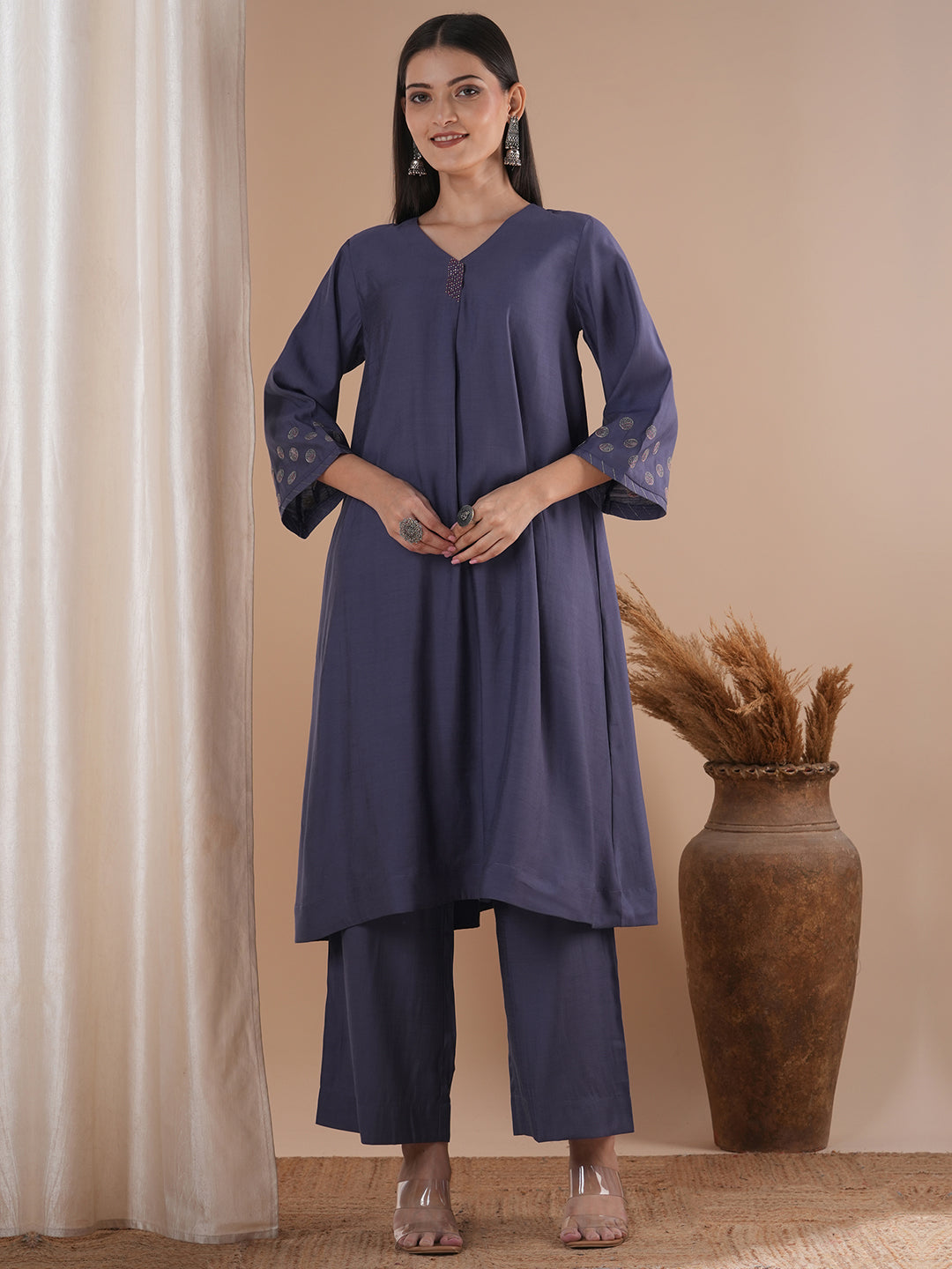 Party Edit- Paneled A line kurta with embroidery paired with lined palazzo in silk blend fabric.