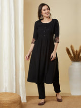 Party Edit- Embroidered silk blend kurta with pleating and sequin work paired with lined pants