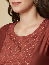 Party Edit- A-Line roman silk kurta set with zari embroidery with buttons on front yoke