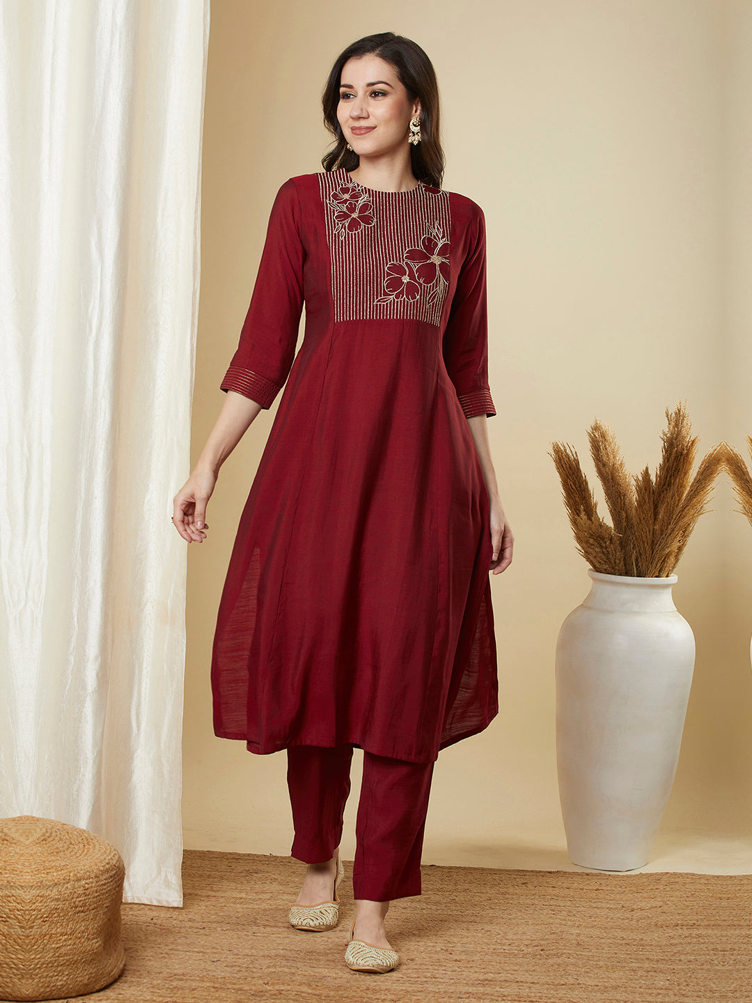 Party Edit- A-line shoulder princess kurta set with embroidered yoke and stitch line sleeves