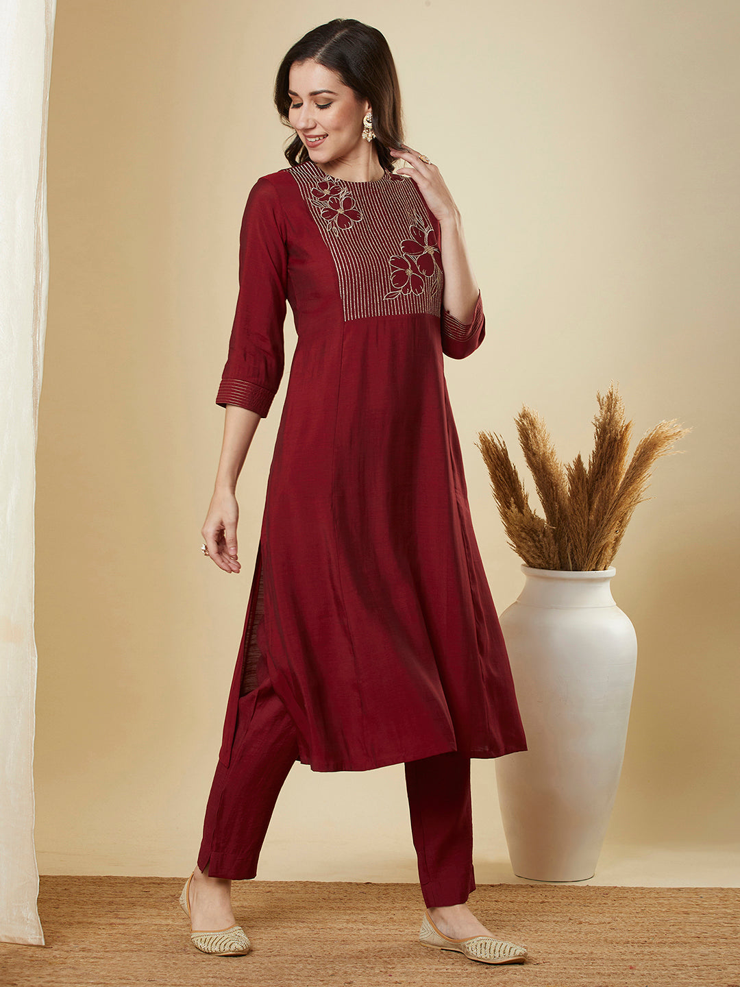 Party Edit- A-line shoulder princess kurta set with embroidered yoke and stitch line sleeves