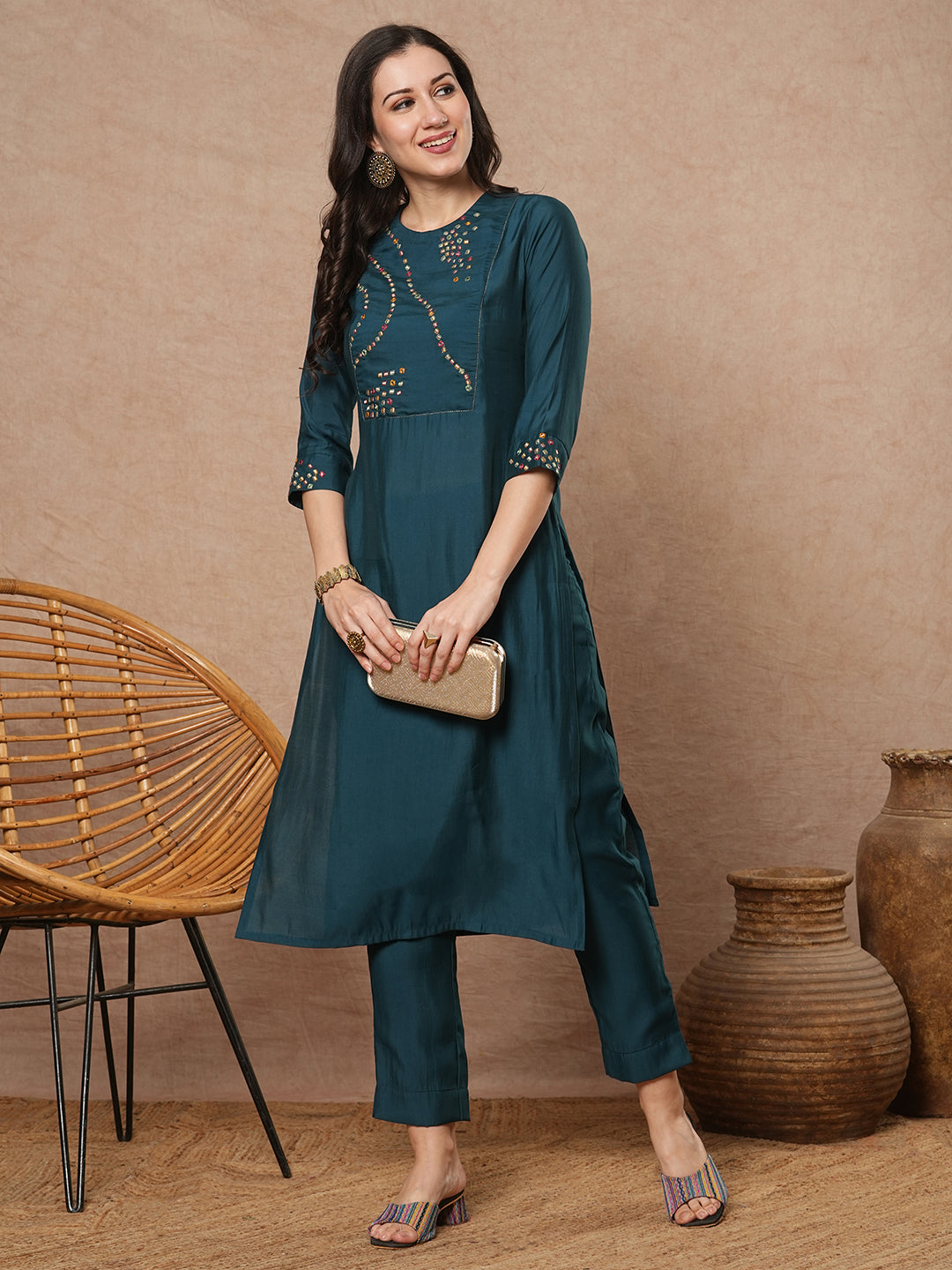 Party Edit- Straight fit kurta set with geometric multicolor embroidery in abstract formation yoke and cuff