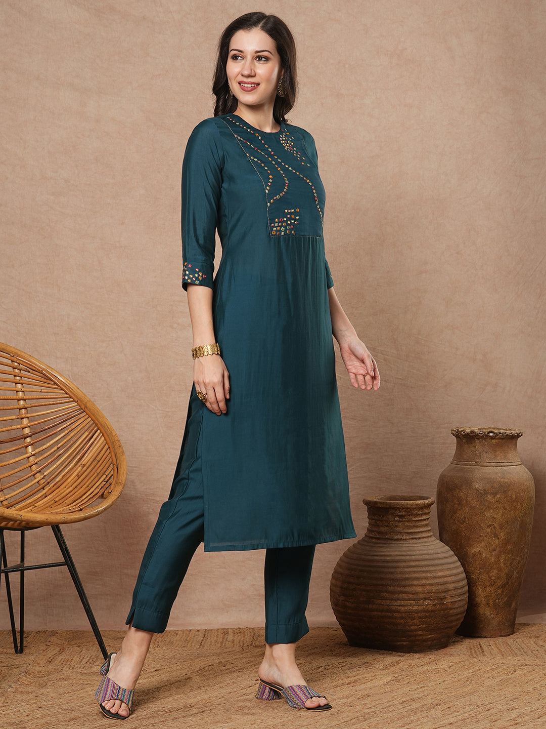Party Edit- Straight fit kurta set with geometric multicolor embroidery in abstract formation yoke and cuff