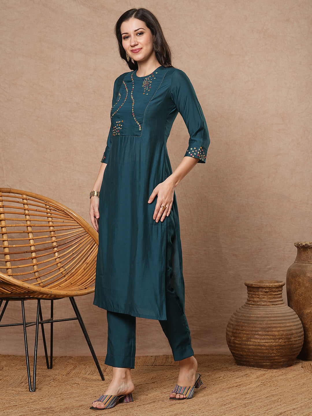 Party Edit- Straight fit kurta set with geometric multicolor embroidery in abstract formation yoke and cuff