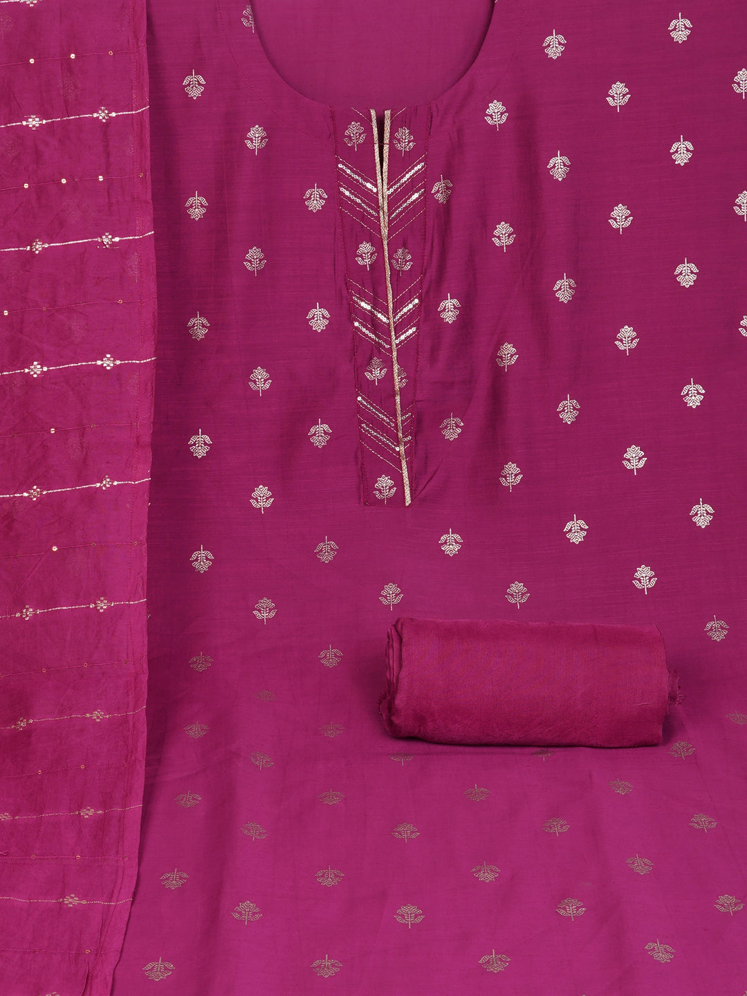 Party Edit- Pink foil print suit set coordinate with chanderi delicate Zari border and self colour bottom.
