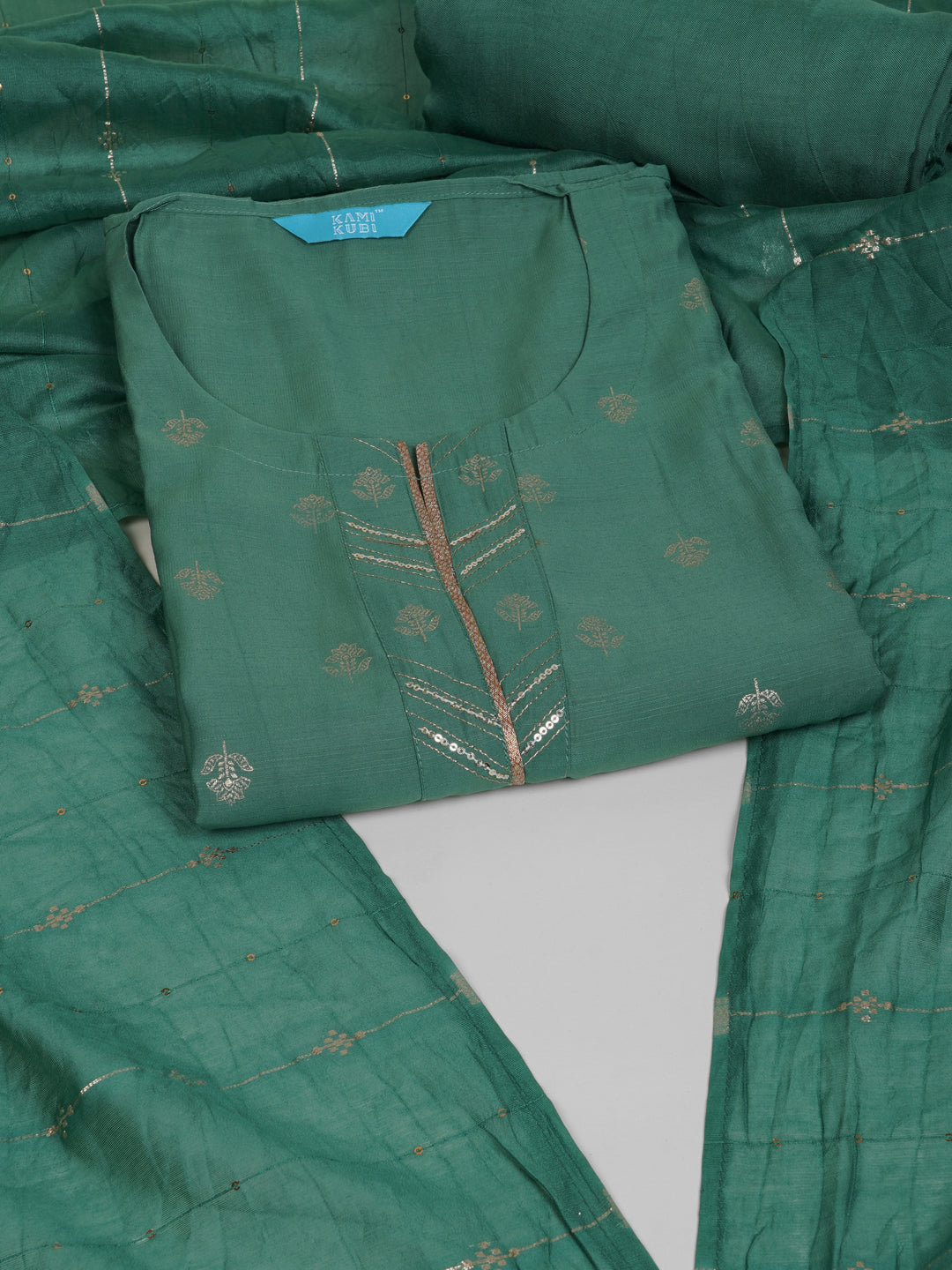 Party Edit- Green foil print unstitched suit set coordinate with chanderi delicate Zari border and self color bottom.