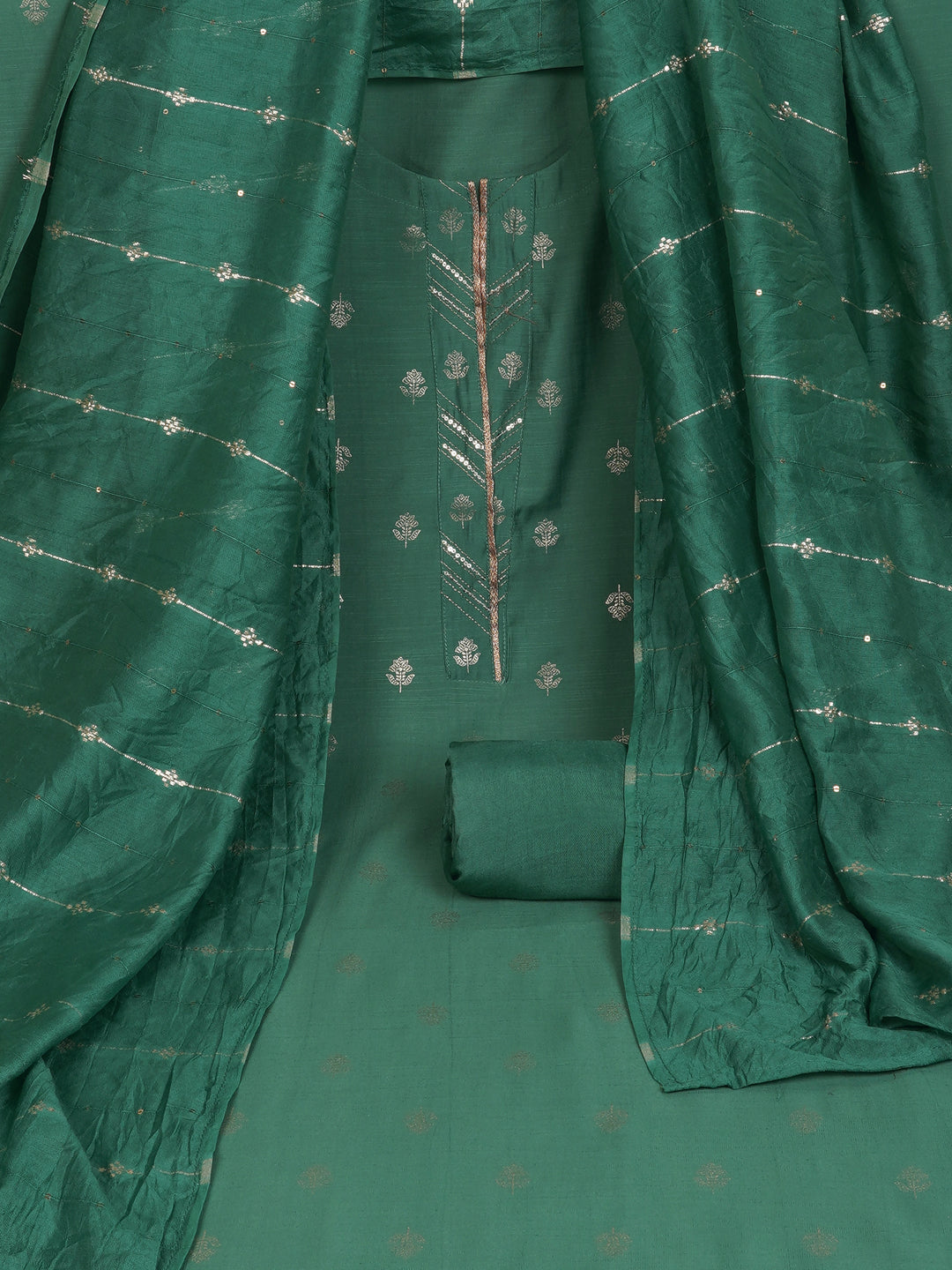 Party Edit- Green foil print unstitched suit set coordinate with chanderi delicate Zari border and self color bottom.