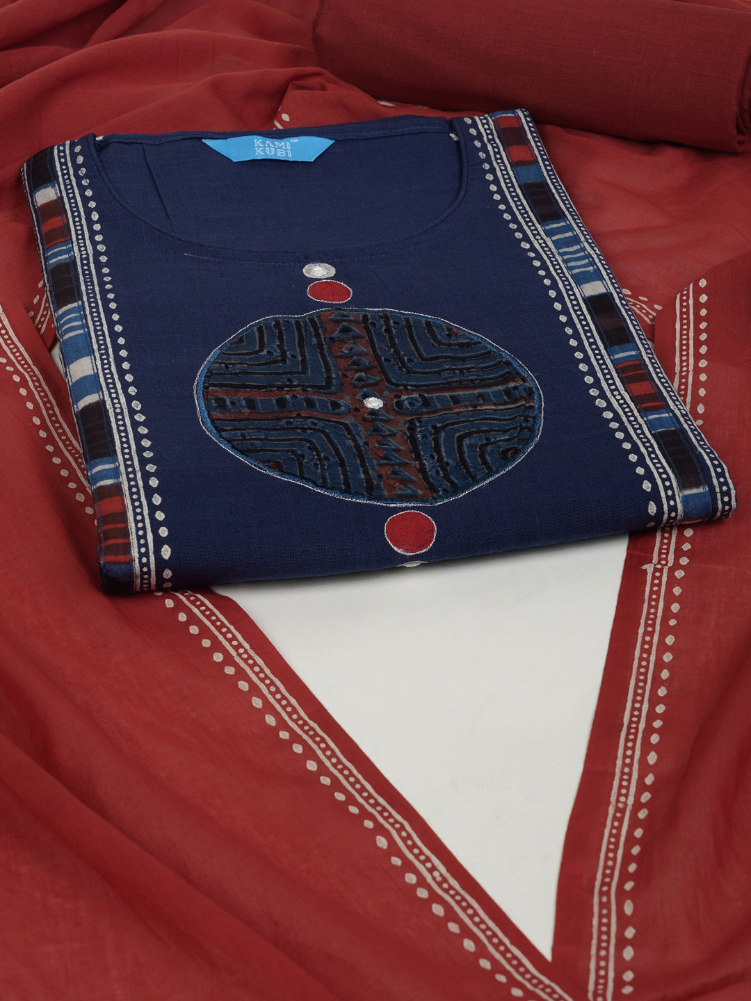 Blue unstitched cotton suit set incorporate with mix and match of the traditional bagru print schiflli fabric.