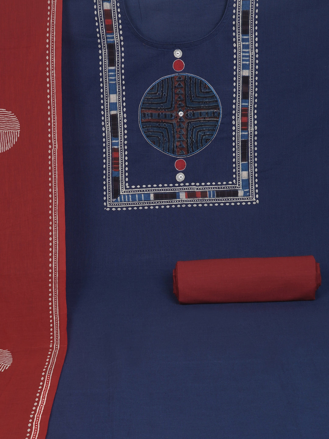 Blue unstitched cotton suit set incorporate with mix and match of the traditional bagru print schiflli fabric.