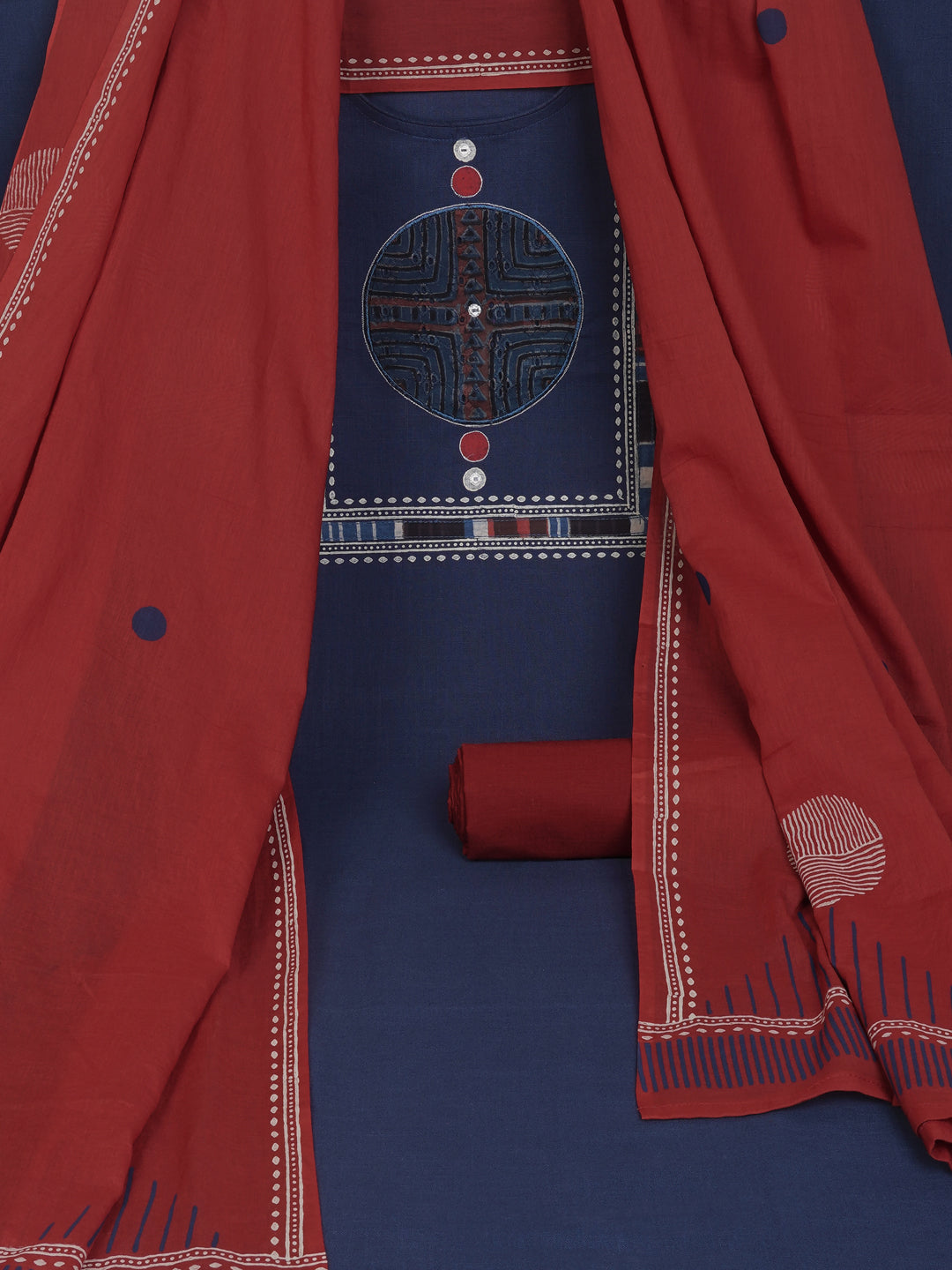 Blue unstitched cotton suit set incorporate with mix and match of the traditional bagru print schiflli fabric.