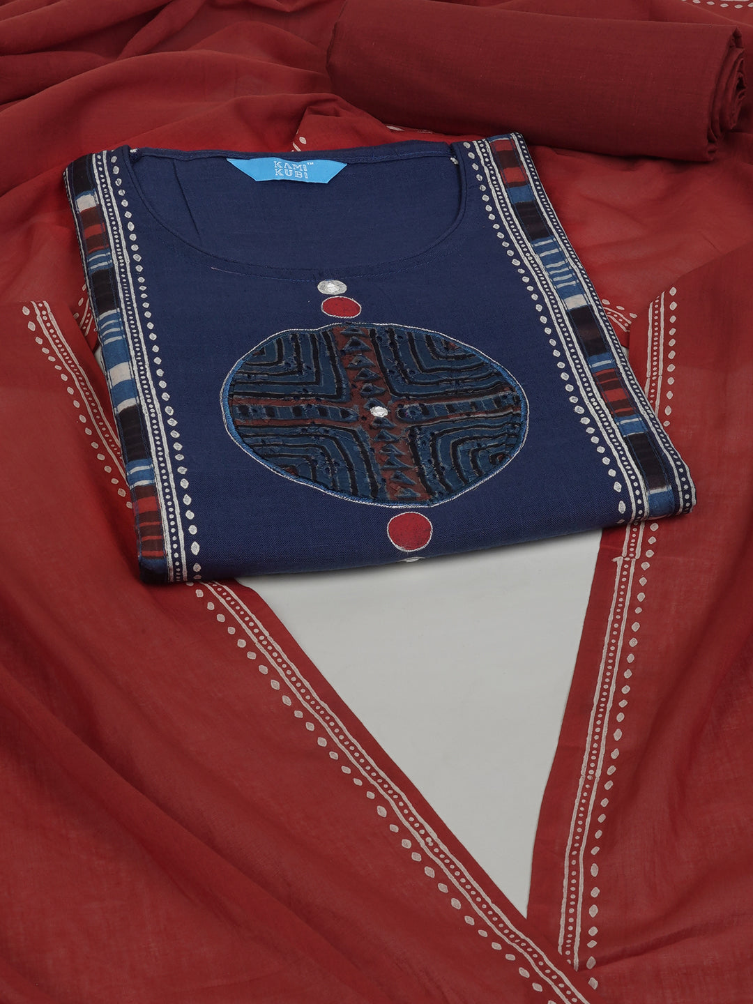 Blue unstitched cotton suit set incorporate with mix and match of the traditional bagru print schiflli fabric.