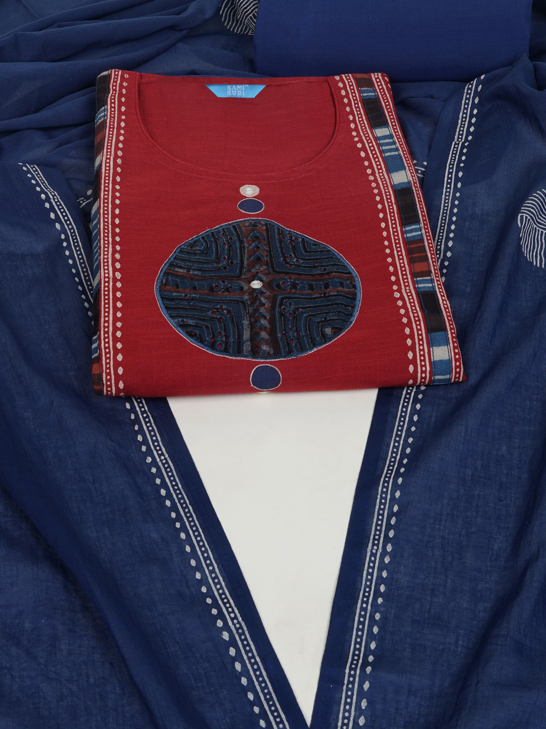 Maroon unstitched cotton suit set incorporate with mix and match of the traditional bagru print schiflli fabric.