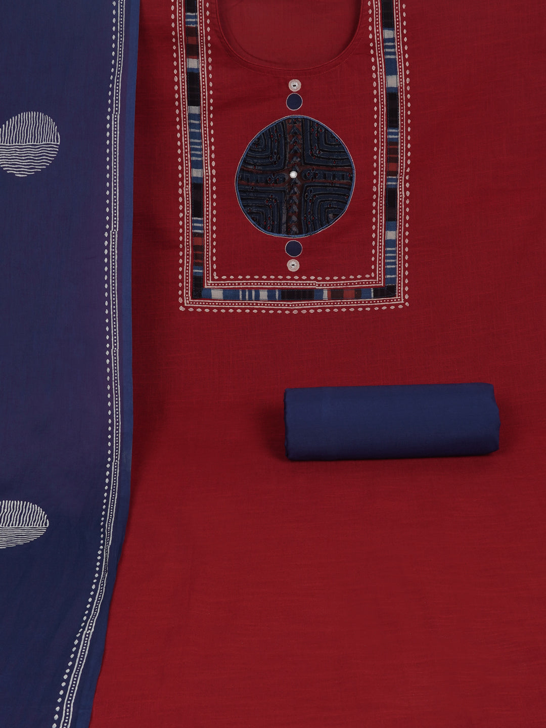 Maroon unstitched cotton suit set incorporate with mix and match of the traditional bagru print schiflli fabric.