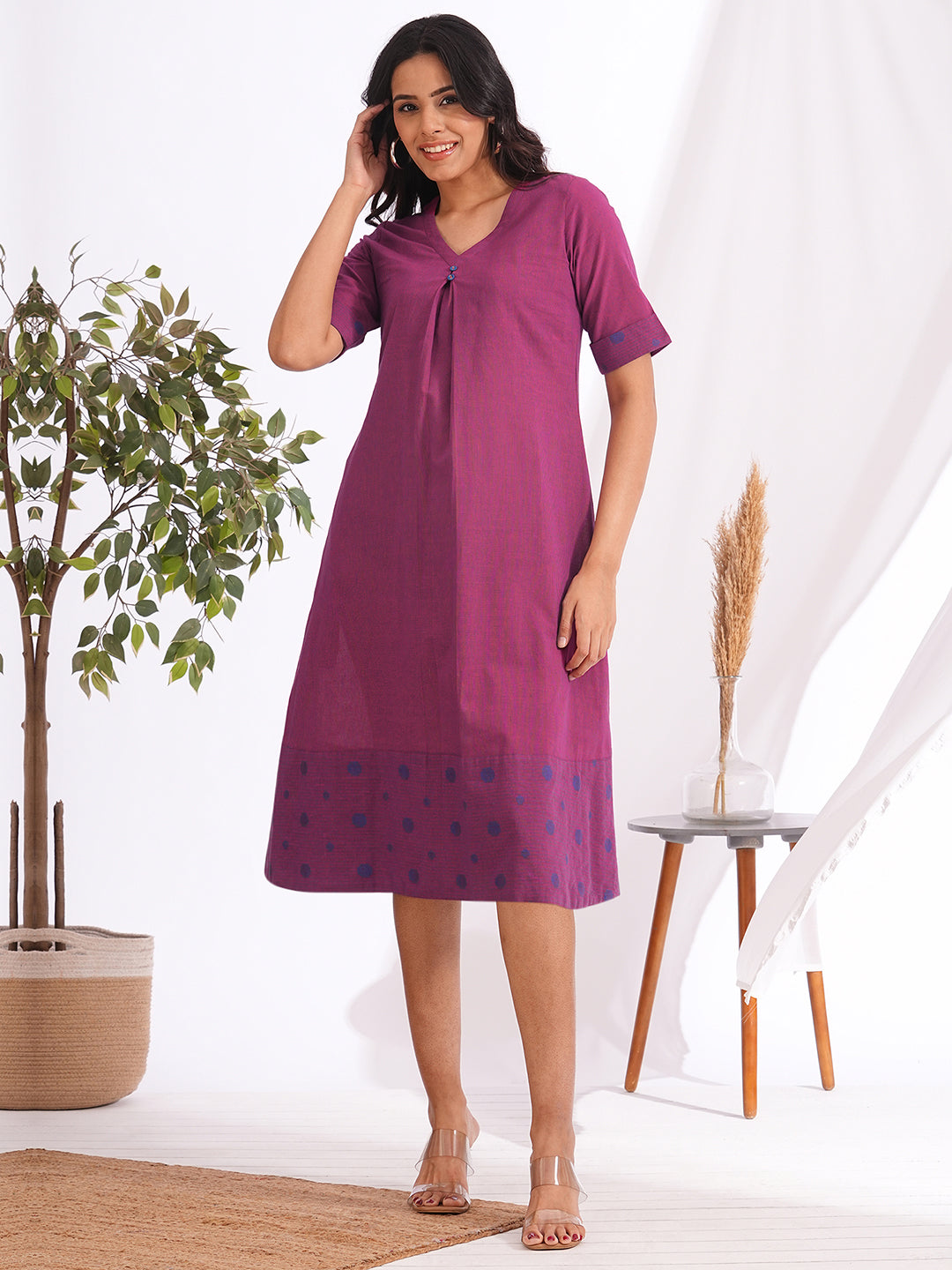 A-line dress in woven cotton stripe fabric with a centre box pleat and attached buttons