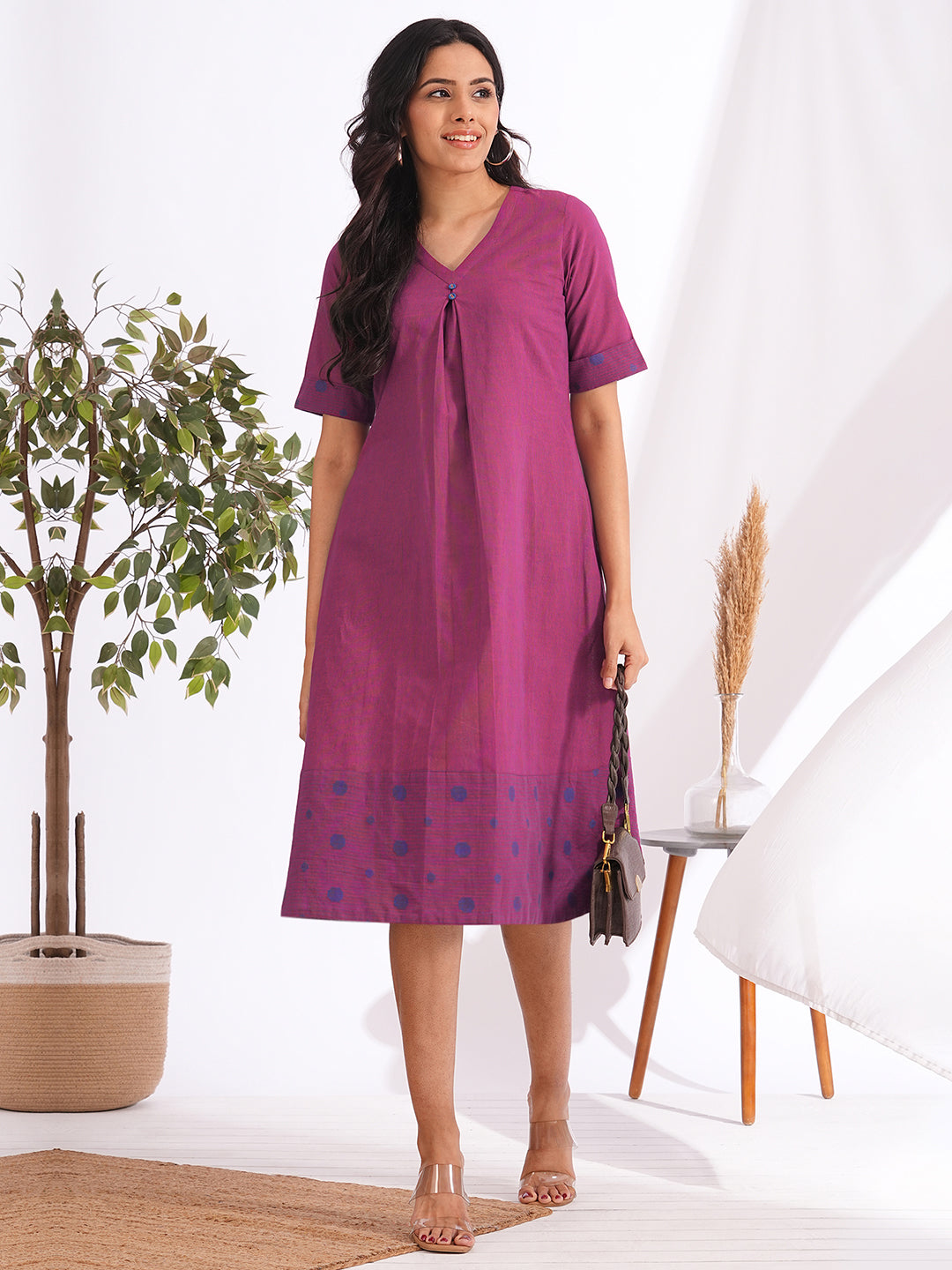 A-line dress in woven cotton stripe fabric with a centre box pleat and attached buttons