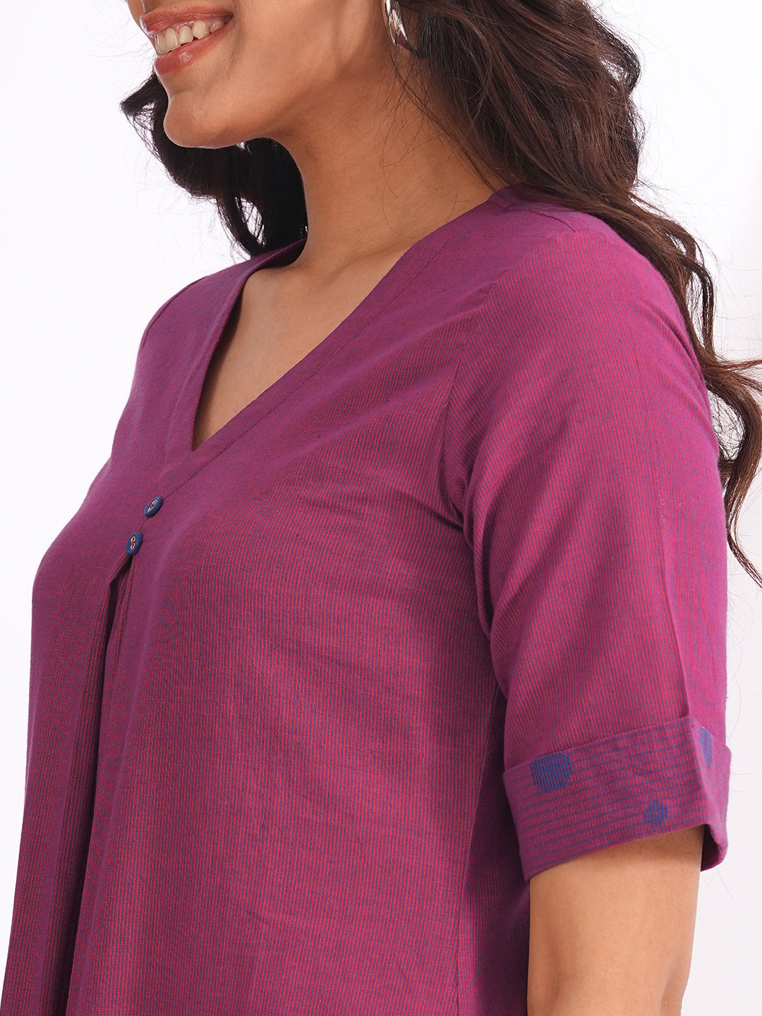 A-line dress in woven cotton stripe fabric with a centre box pleat and attached buttons