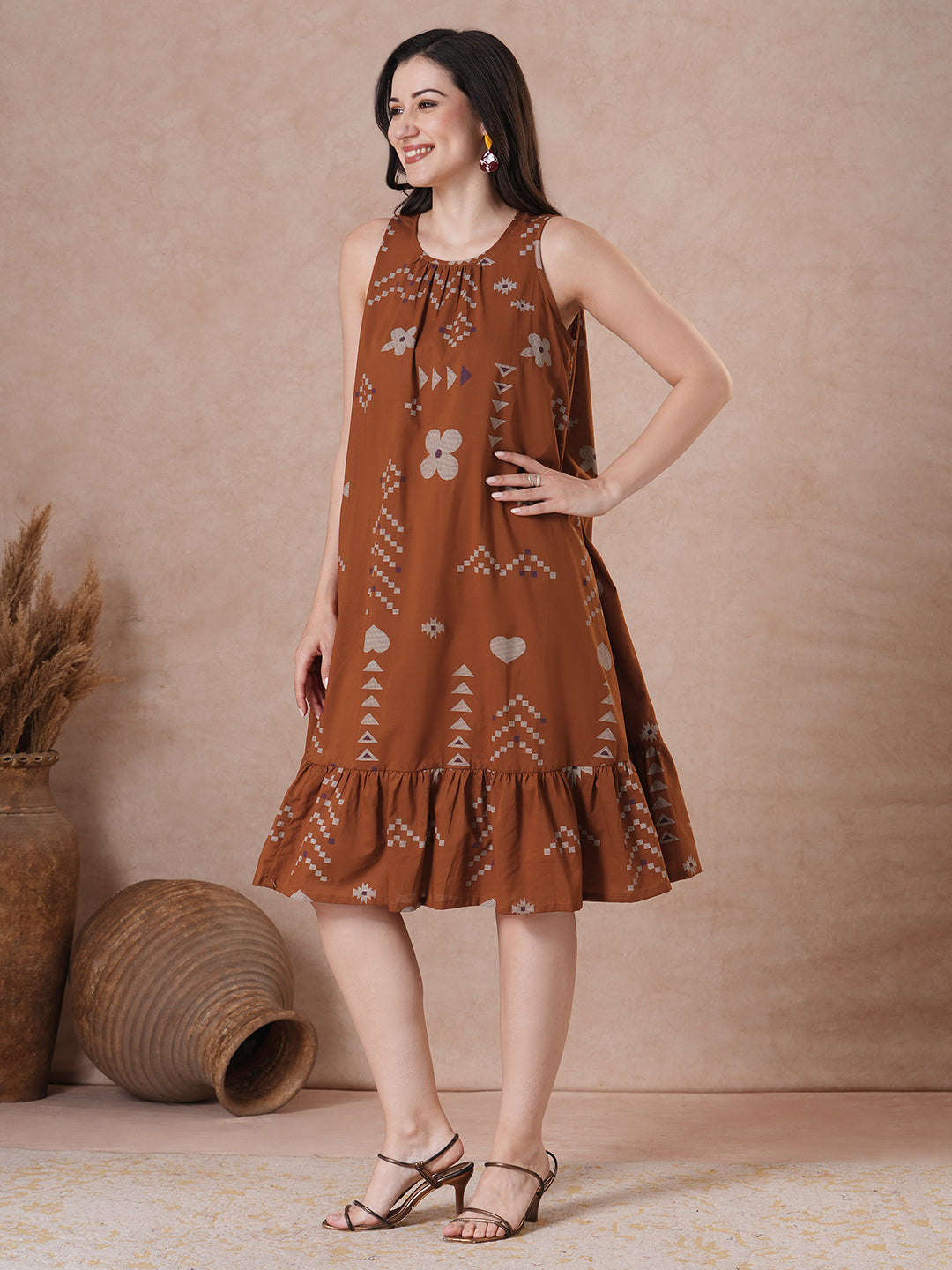 Rust Abstract Print A-Line Cotton Dress with gathering on the neck.