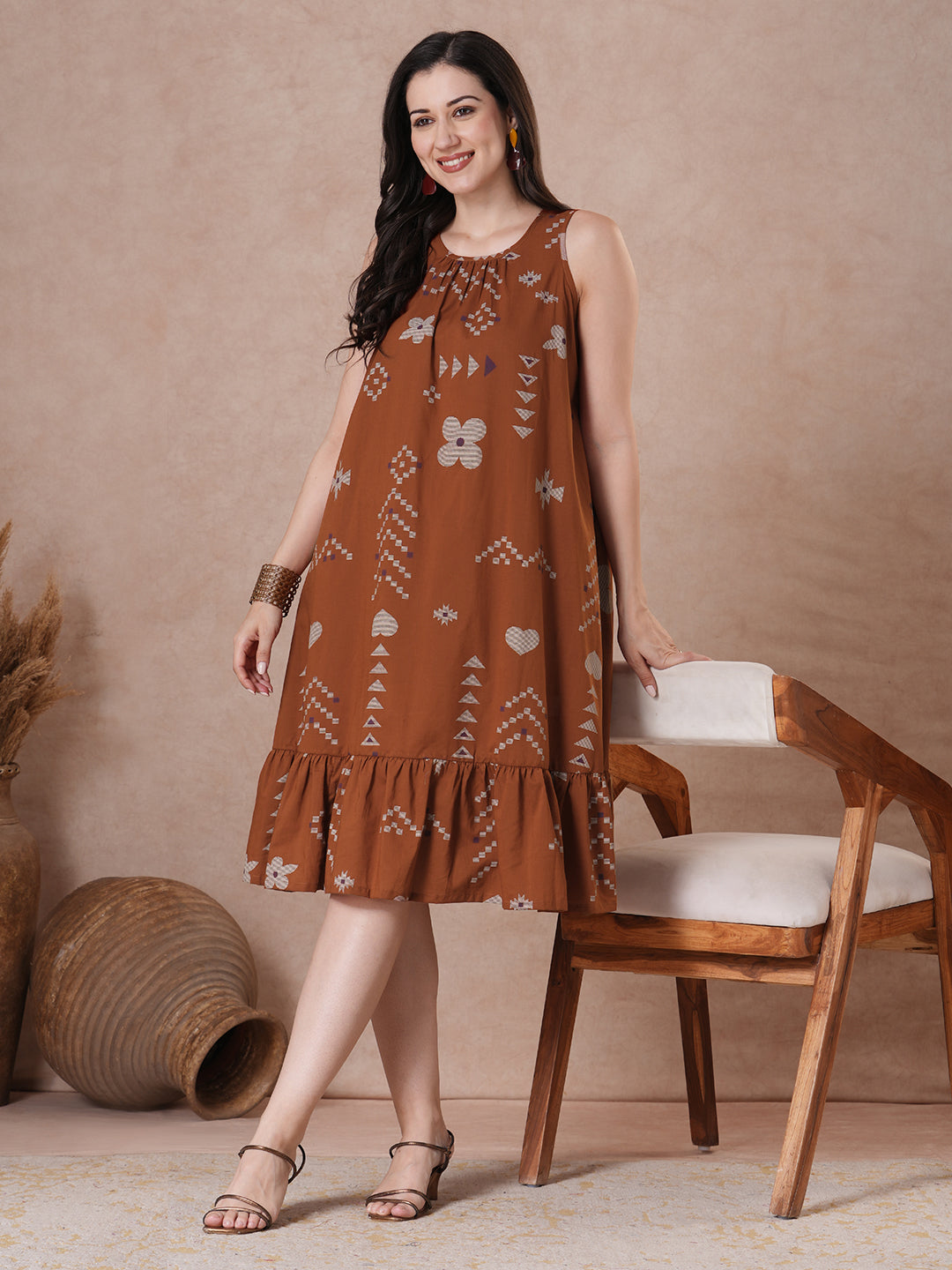 Rust Abstract Print A-Line Cotton Dress with gathering on the neck.