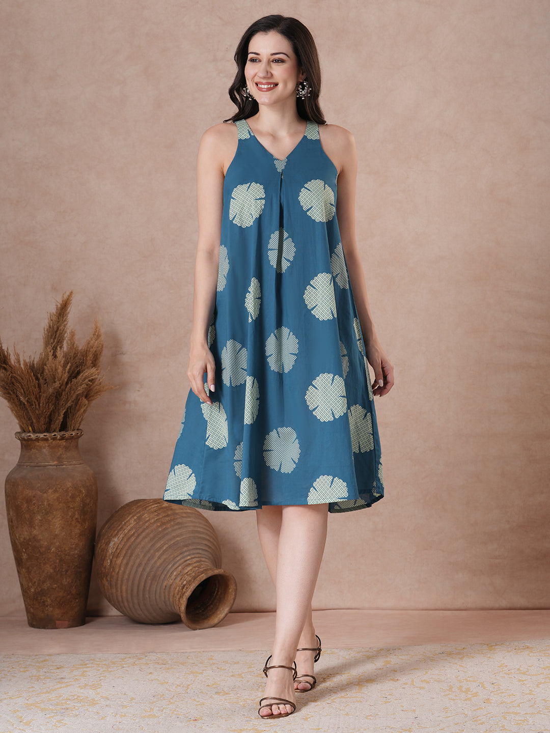 Cobalt Blue Printed box pleat and a comfortable flared A-line dress.