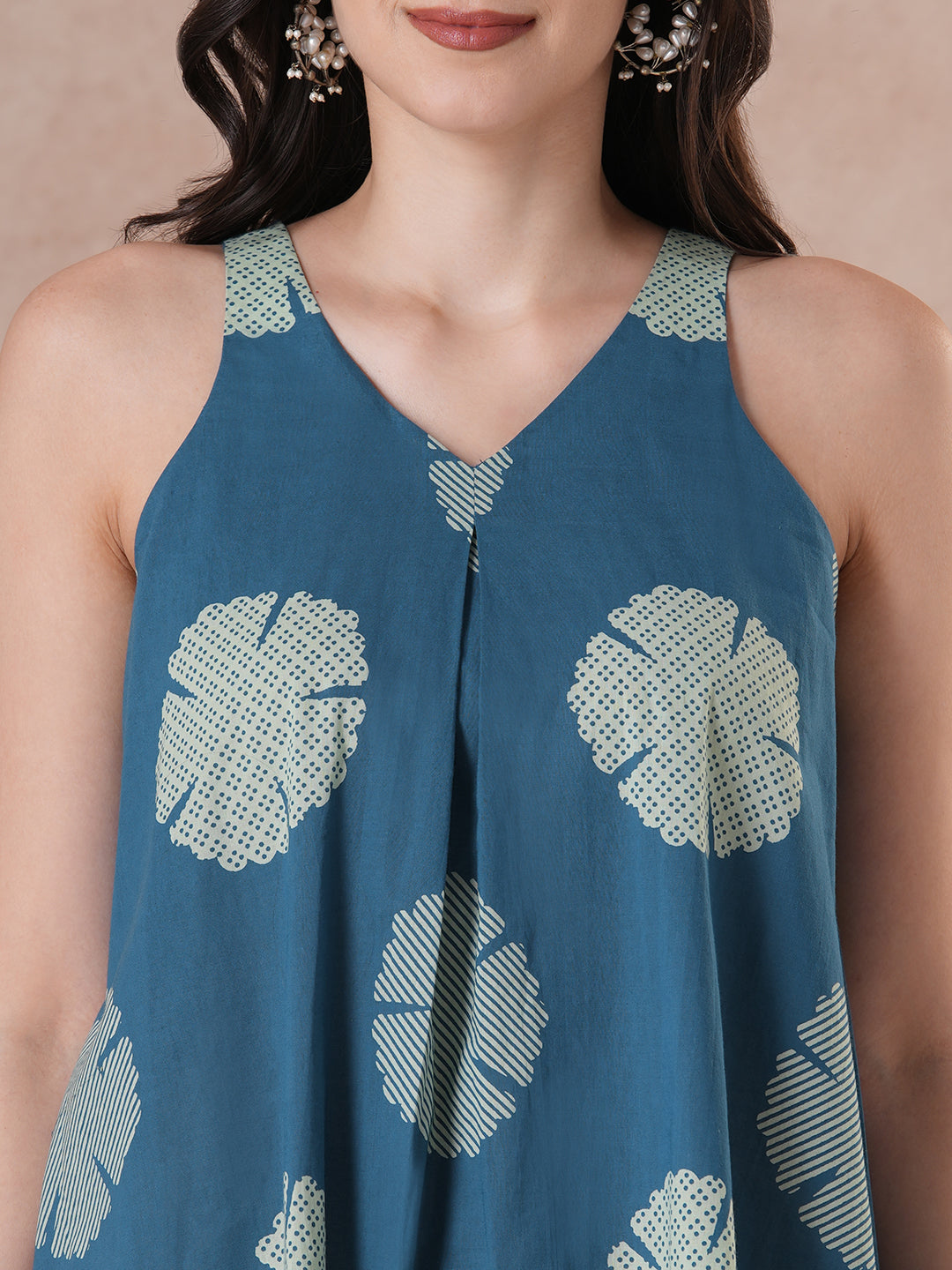 JOYLAND - Cobalt Blue cotton Printed box pleat and a comfortable flared A-line dress.