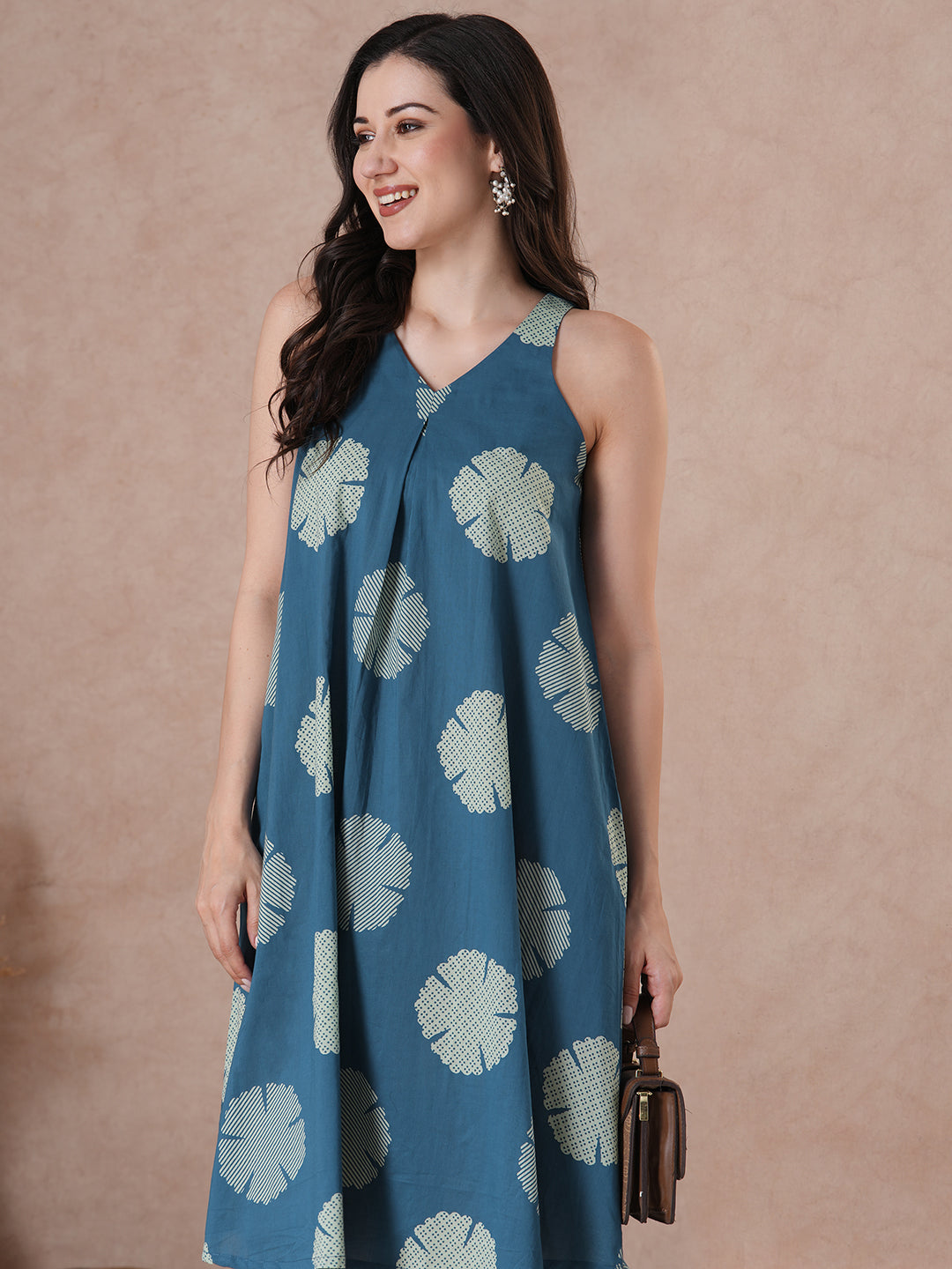 JOYLAND - Cobalt Blue cotton Printed box pleat and a comfortable flared A-line dress.